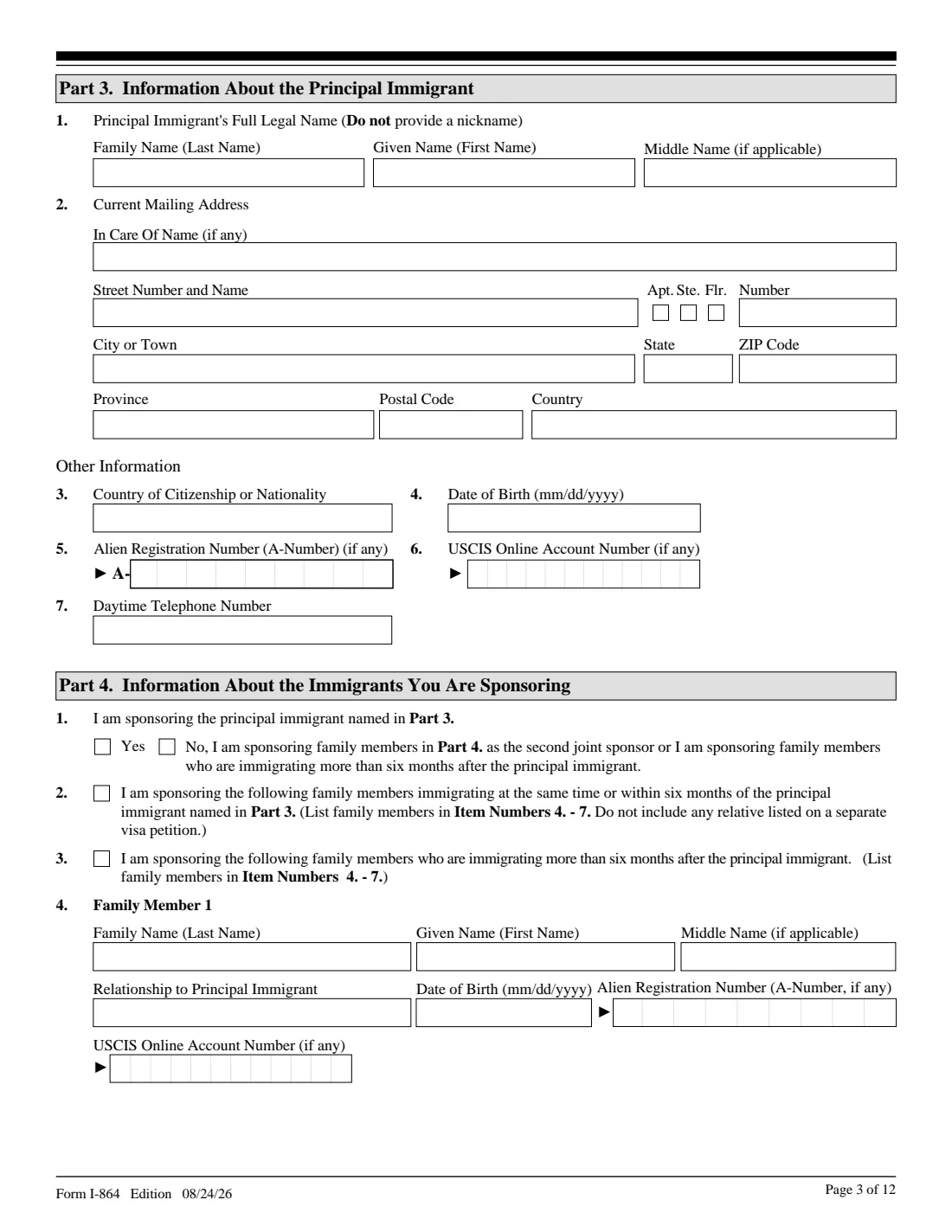 Form I-864 (2026) Affidavit of Support Under Section 213A of the INA — page 3 of 12
