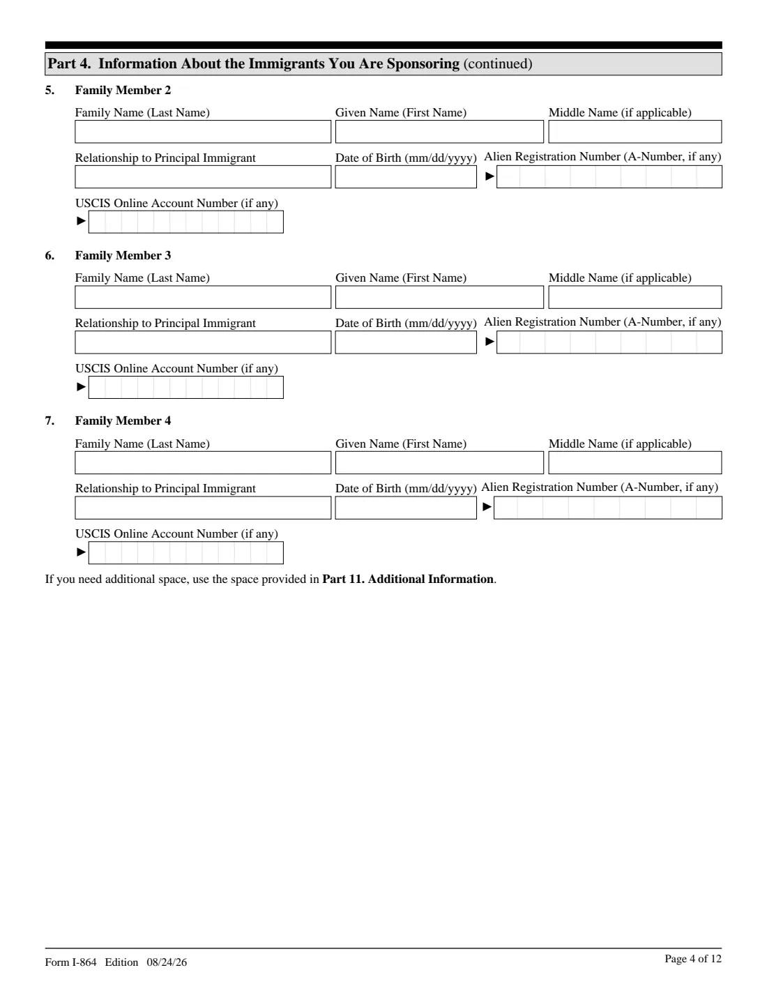 Form I-864 (2026) Affidavit of Support Under Section 213A of the INA — page 4 of 12