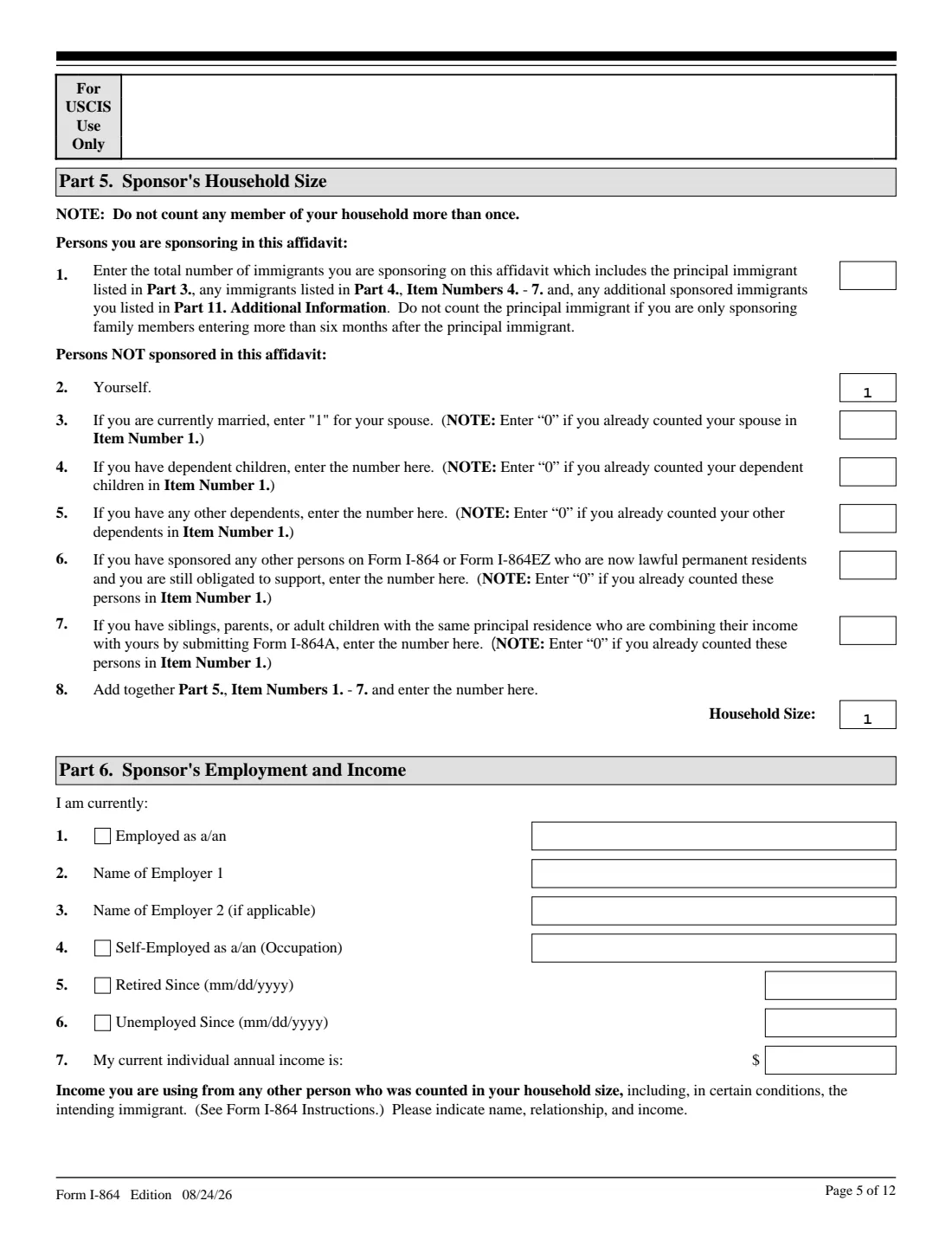 Form I-864 (2026) Affidavit of Support Under Section 213A of the INA — page 5 of 12