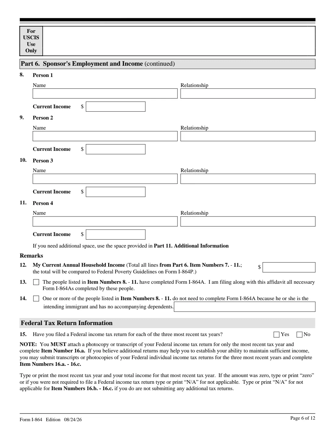 Form I-864 (2026) Affidavit of Support Under Section 213A of the INA — page 6 of 12