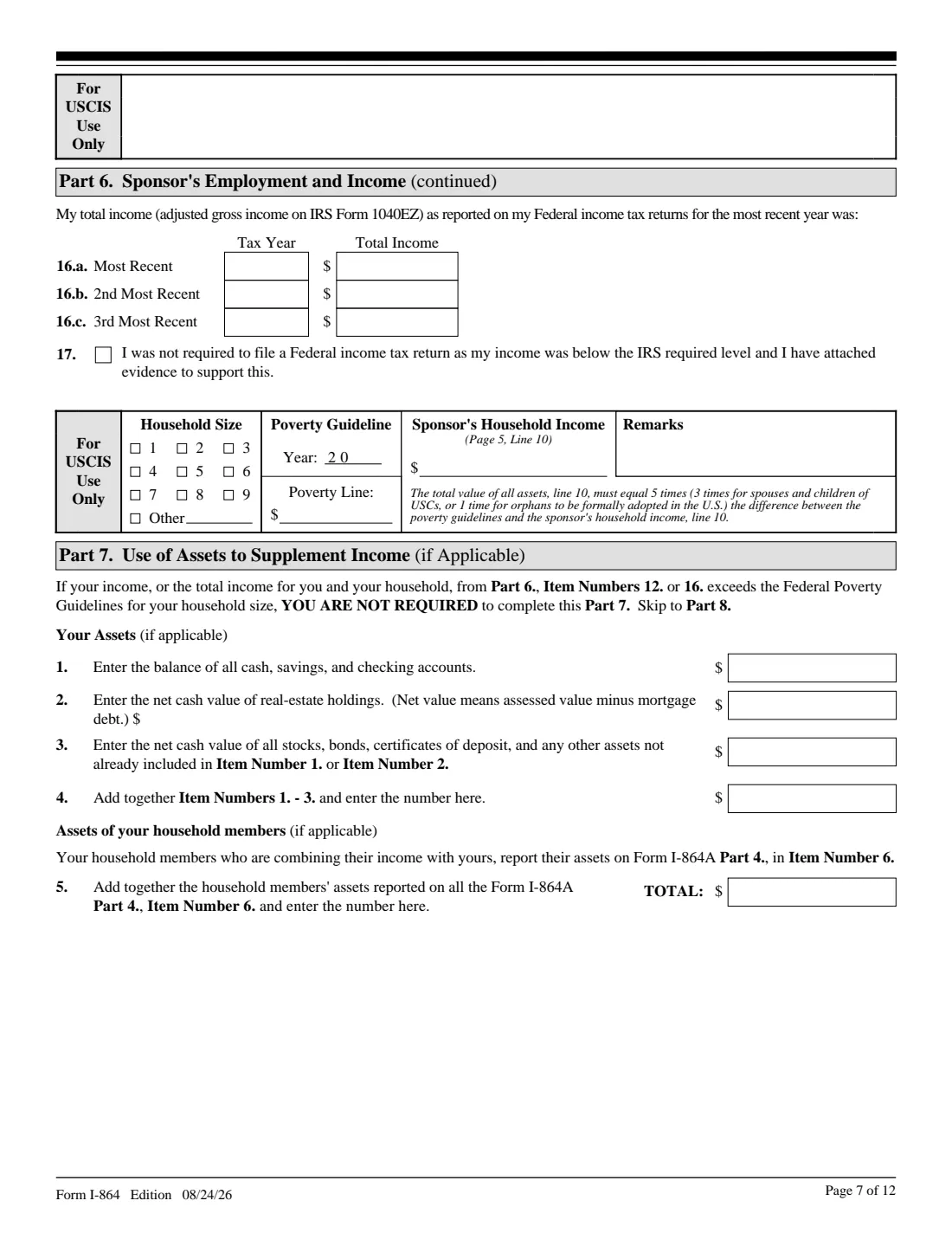 Form I-864 (2026) Affidavit of Support Under Section 213A of the INA — page 7 of 12