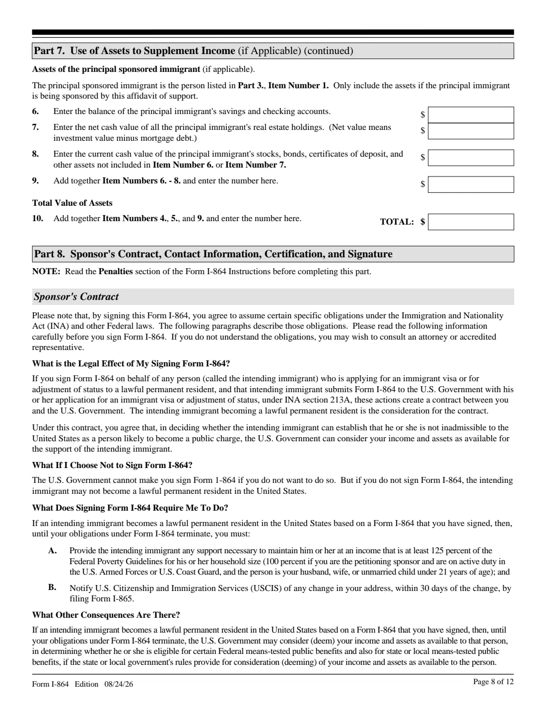 Form I-864 (2026) Affidavit of Support Under Section 213A of the INA — page 8 of 12