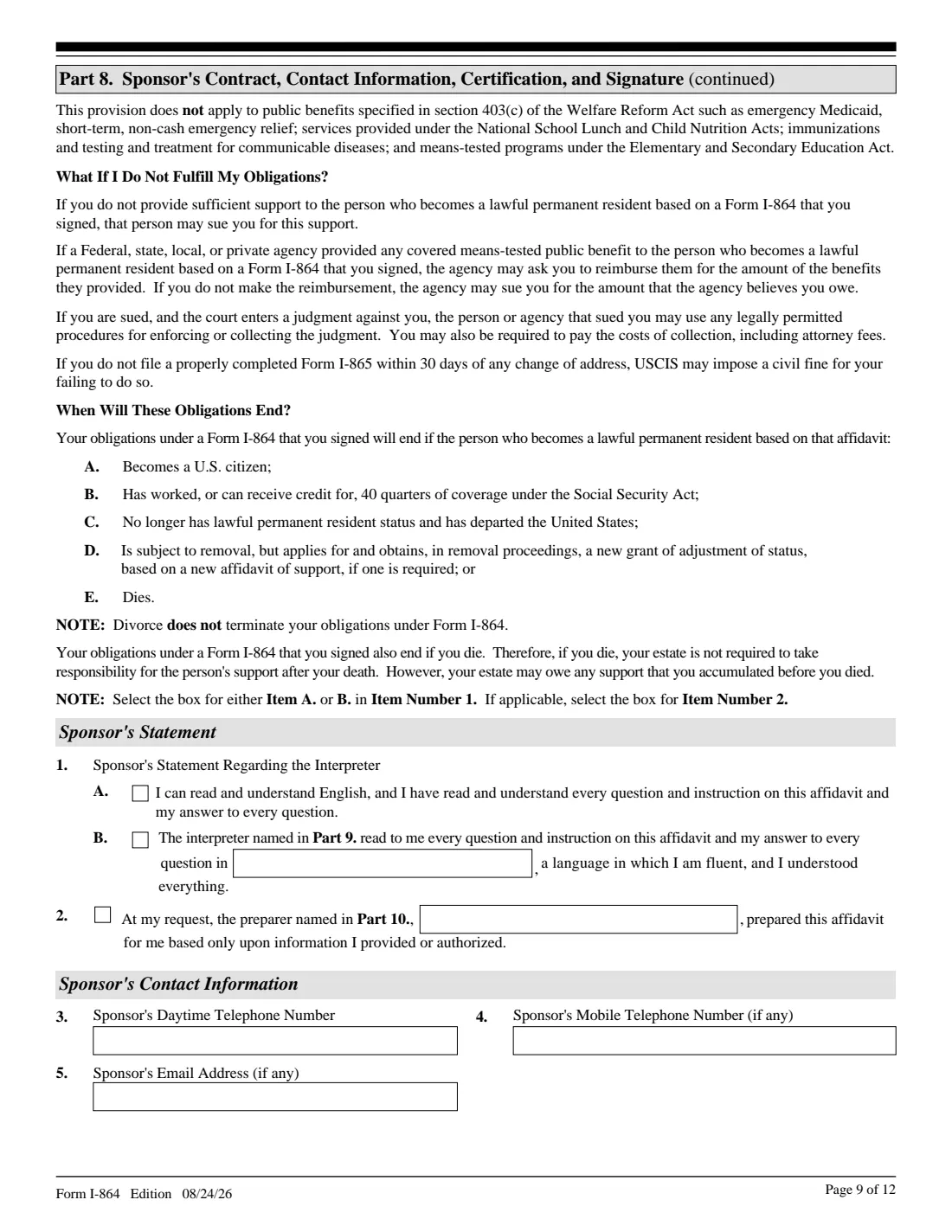 Form I-864 (2026) Affidavit of Support Under Section 213A of the INA — page 9 of 12