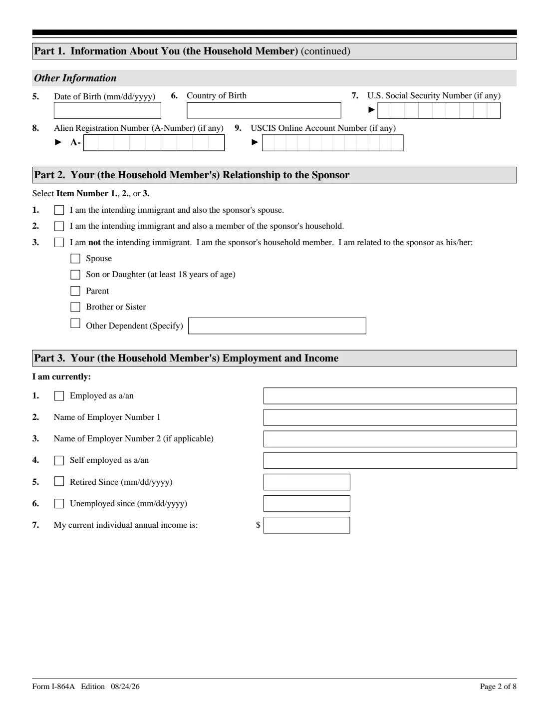 Form I-864A (2026) Contract Between Sponsor and Household Member — page 2 of 8