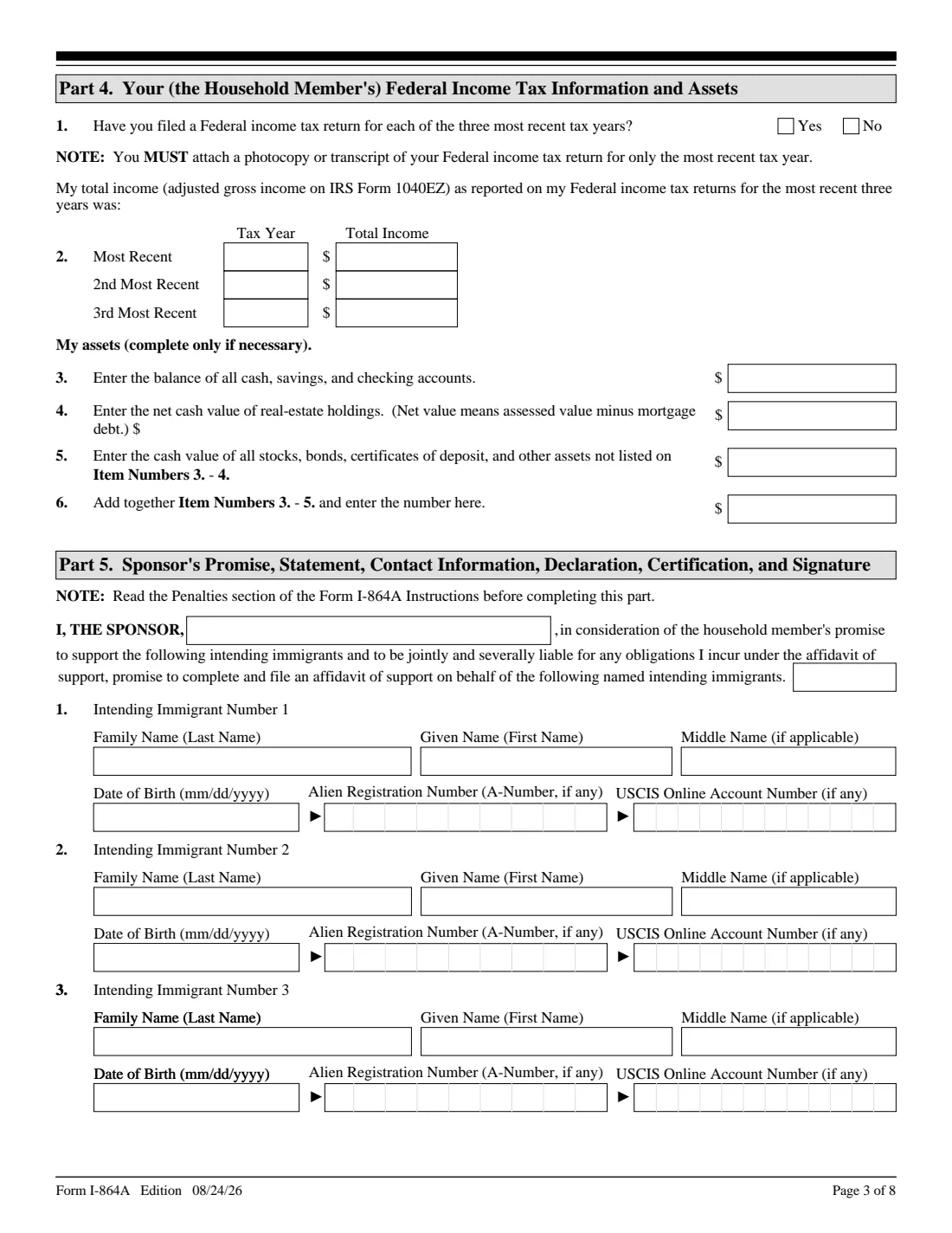 Form I-864A (2026) Contract Between Sponsor and Household Member — page 3 of 8