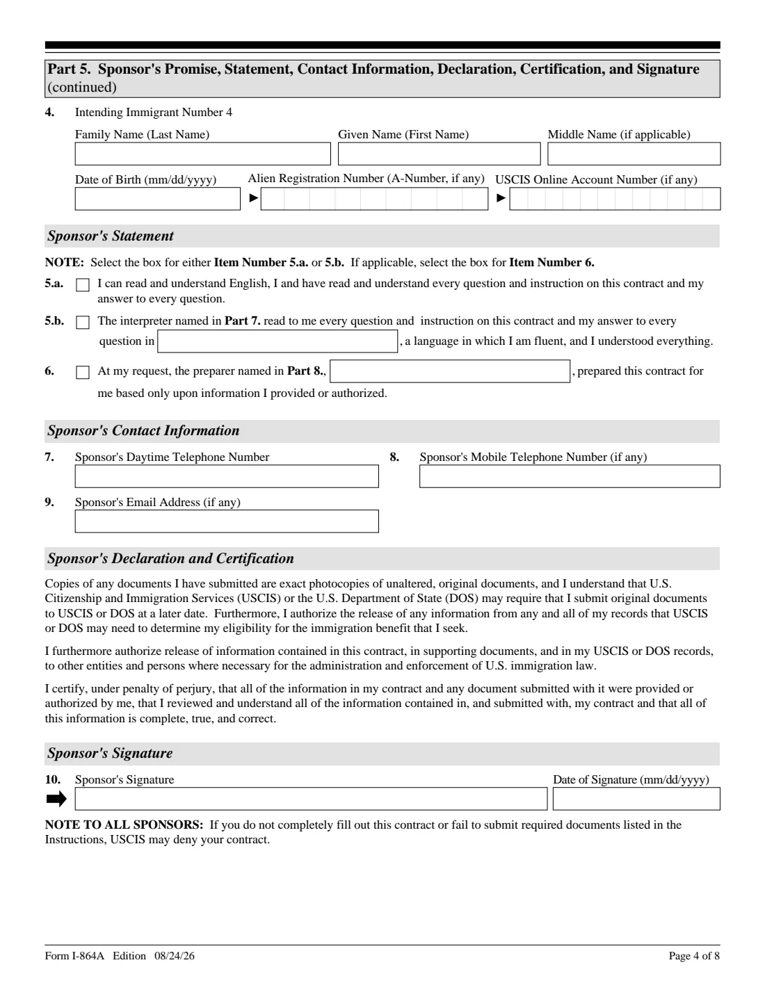 Form I-864A (2026) Contract Between Sponsor and Household Member — page 4 of 8