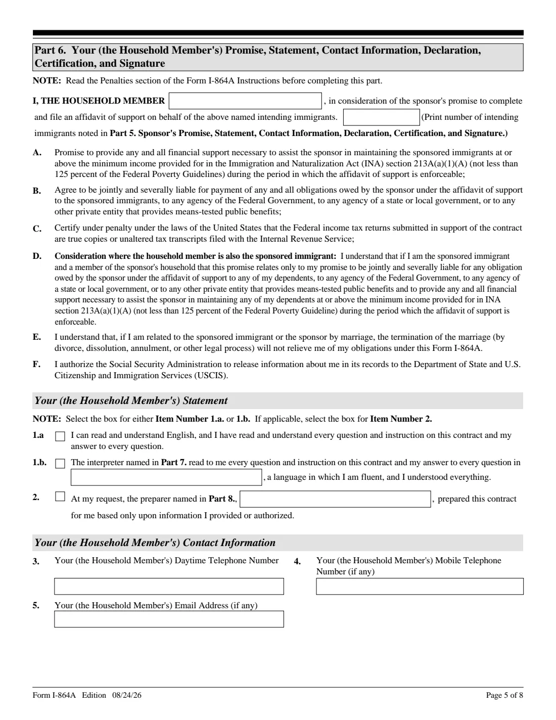 Form I-864A (2026) Contract Between Sponsor and Household Member — page 5 of 8