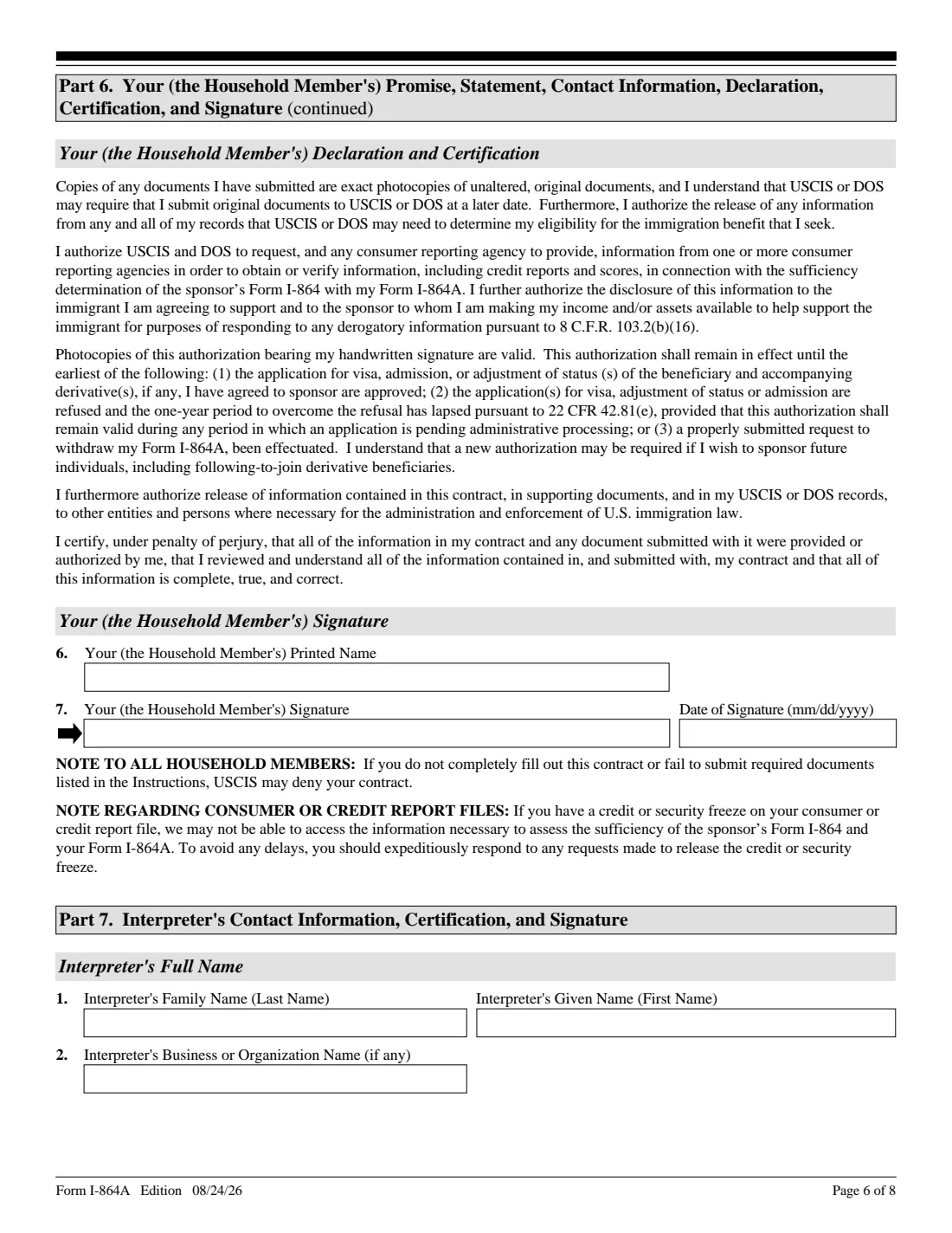 Form I-864A (2026) Contract Between Sponsor and Household Member — page 6 of 8