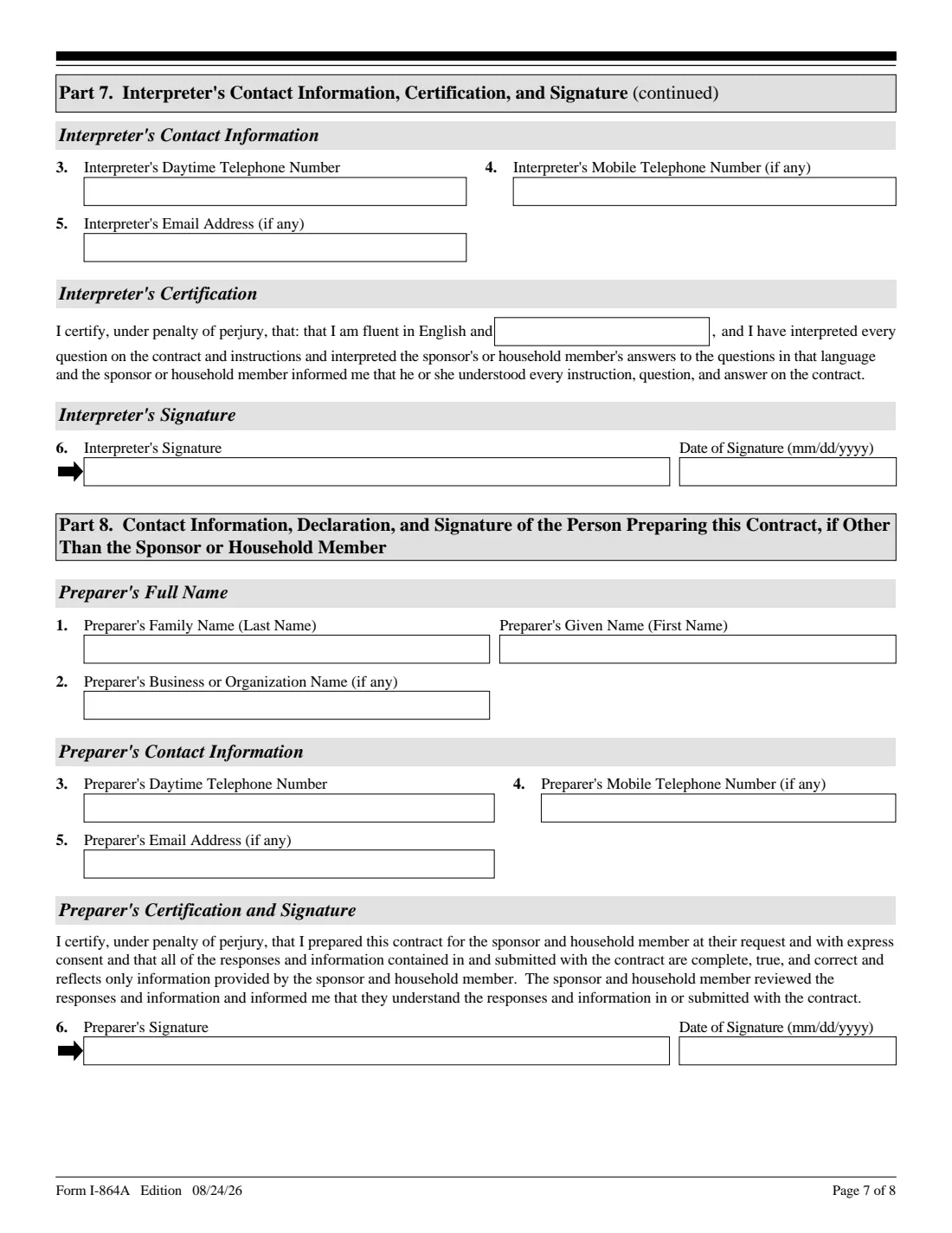 Form I-864A (2026) Contract Between Sponsor and Household Member — page 7 of 8