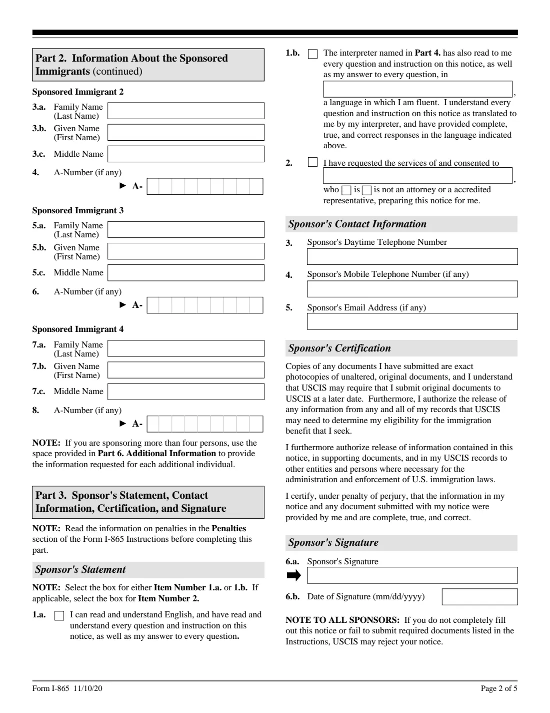 Form I-865 (2020) Sponsor's Notice of Change of Address — page 2 of 5