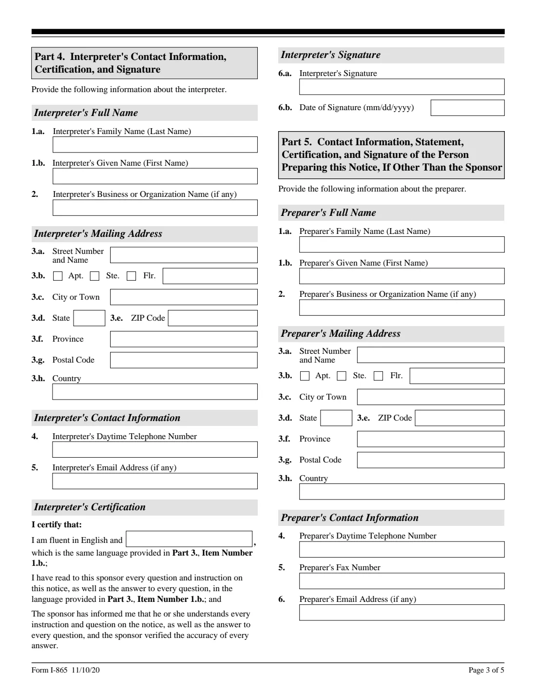 Form I-865 (2020) Sponsor's Notice of Change of Address — page 3 of 5