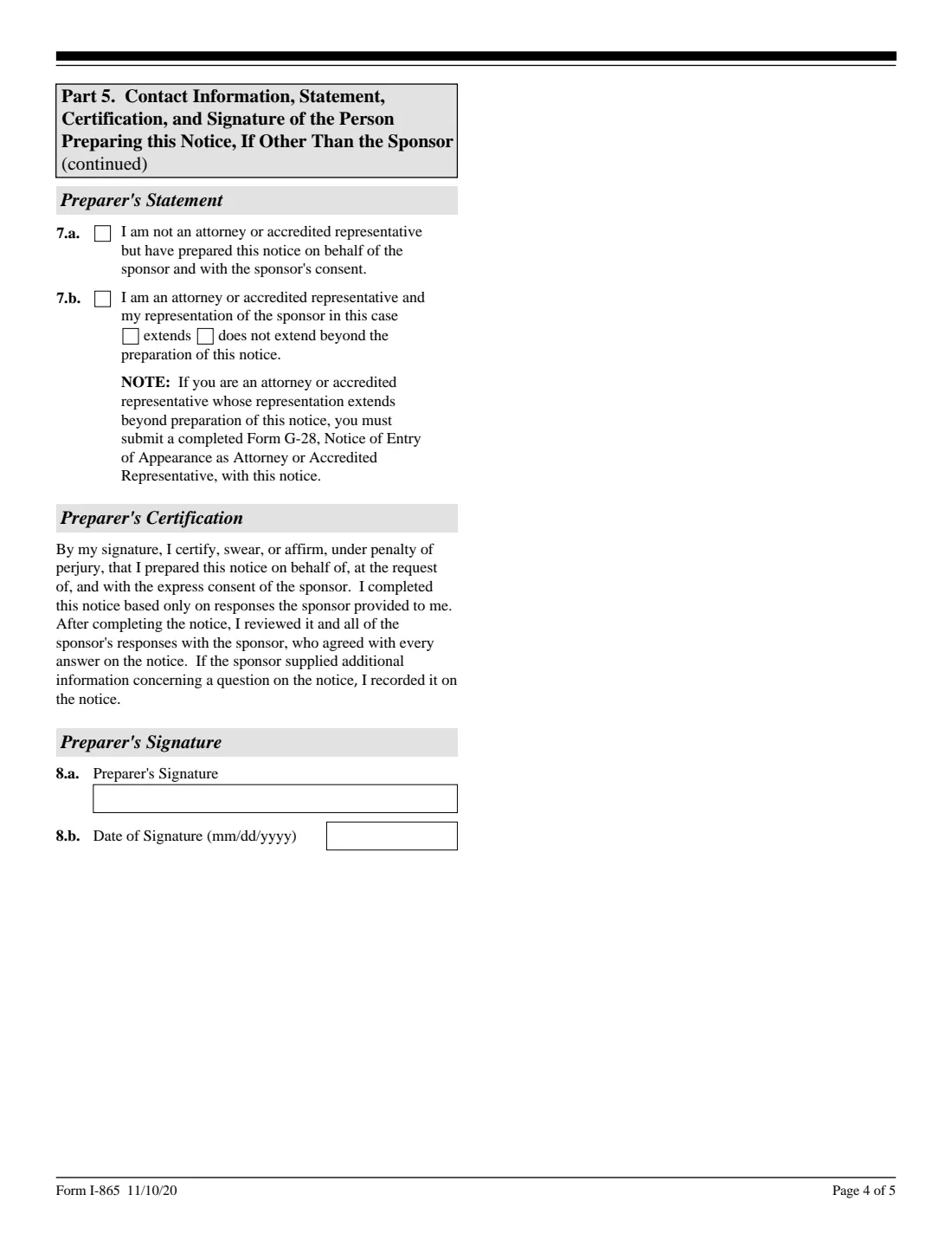 Form I-865 (2020) Sponsor's Notice of Change of Address — page 4 of 5