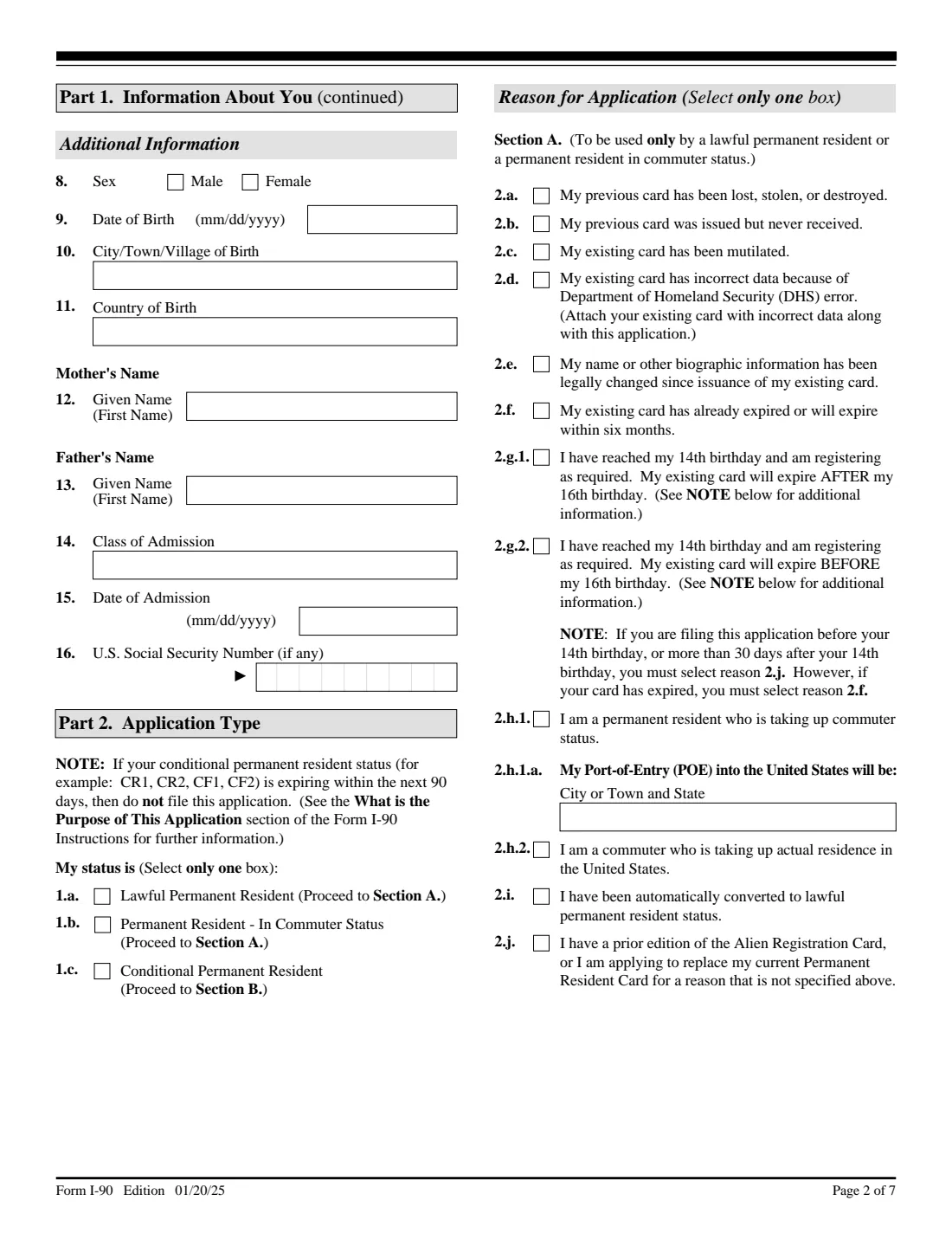 Form I-90 (2025) Application to Replace Permanent Resident Card — page 2 of 7