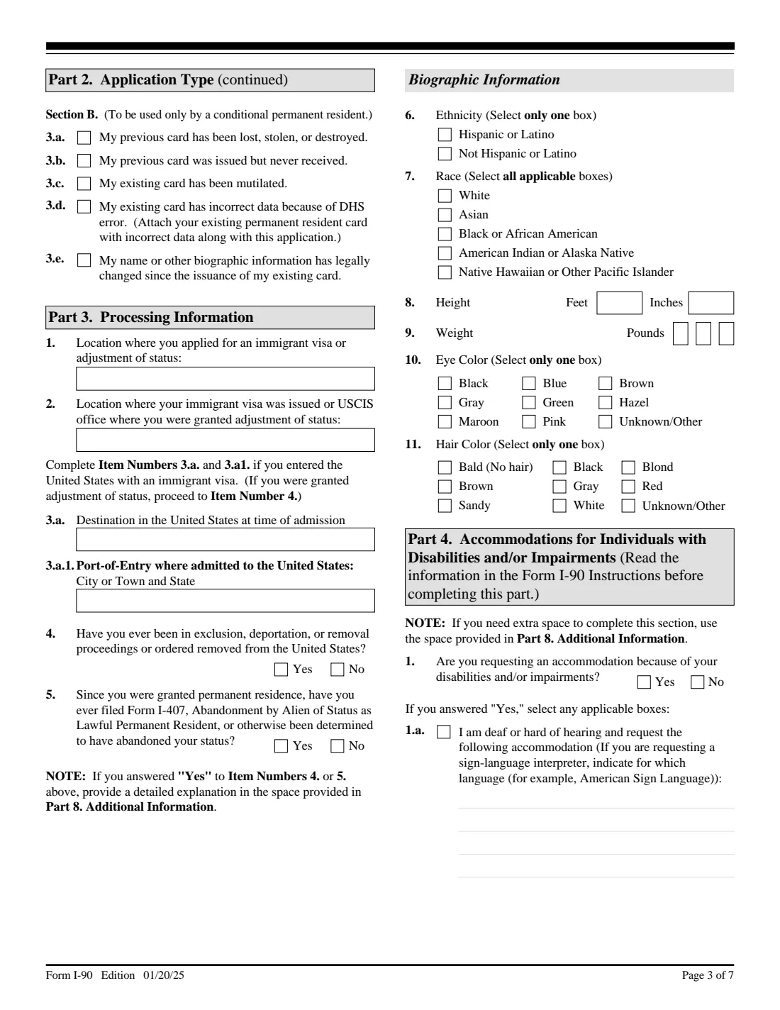 Form I-90 (2025) Application to Replace Permanent Resident Card — page 3 of 7