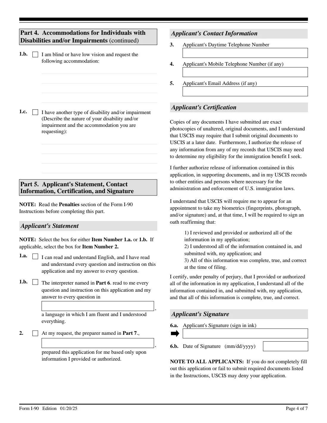 Form I-90 (2025) Application to Replace Permanent Resident Card — page 4 of 7