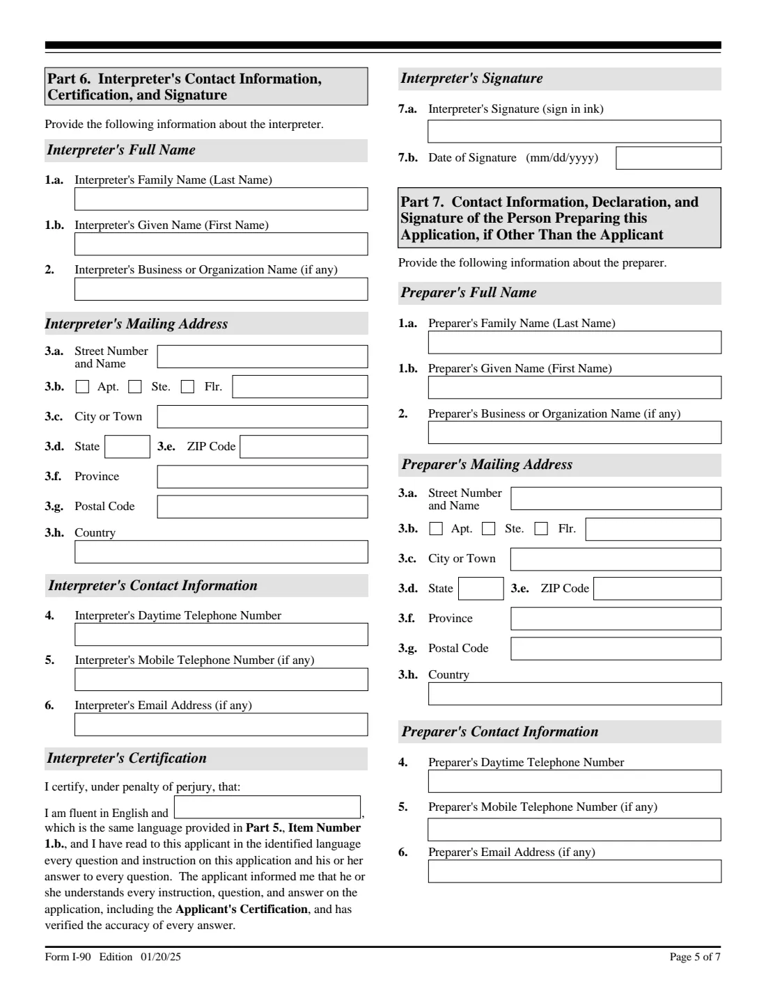 Form I-90 (2025) Application to Replace Permanent Resident Card — page 5 of 7