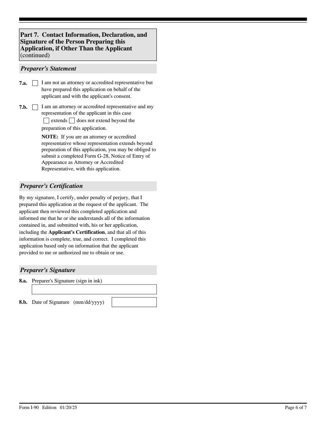 Form I-90 (2025) Application to Replace Permanent Resident Card — page 6 of 7