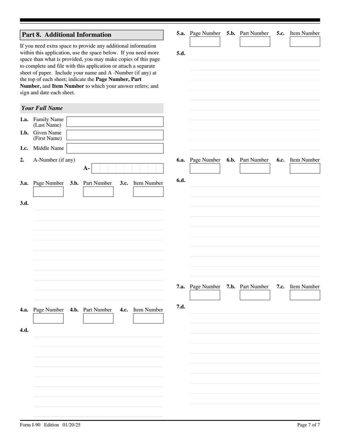 Form I-90 (2025) Application to Replace Permanent Resident Card — page 7 of 7