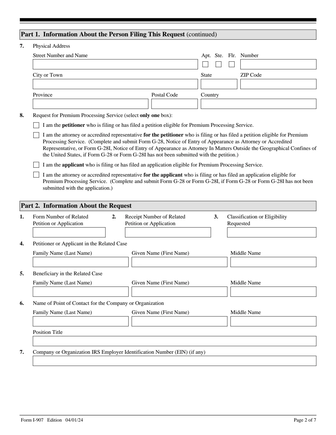 Form I-907 (2024) Request for Premium Processing Service — page 2 of 7