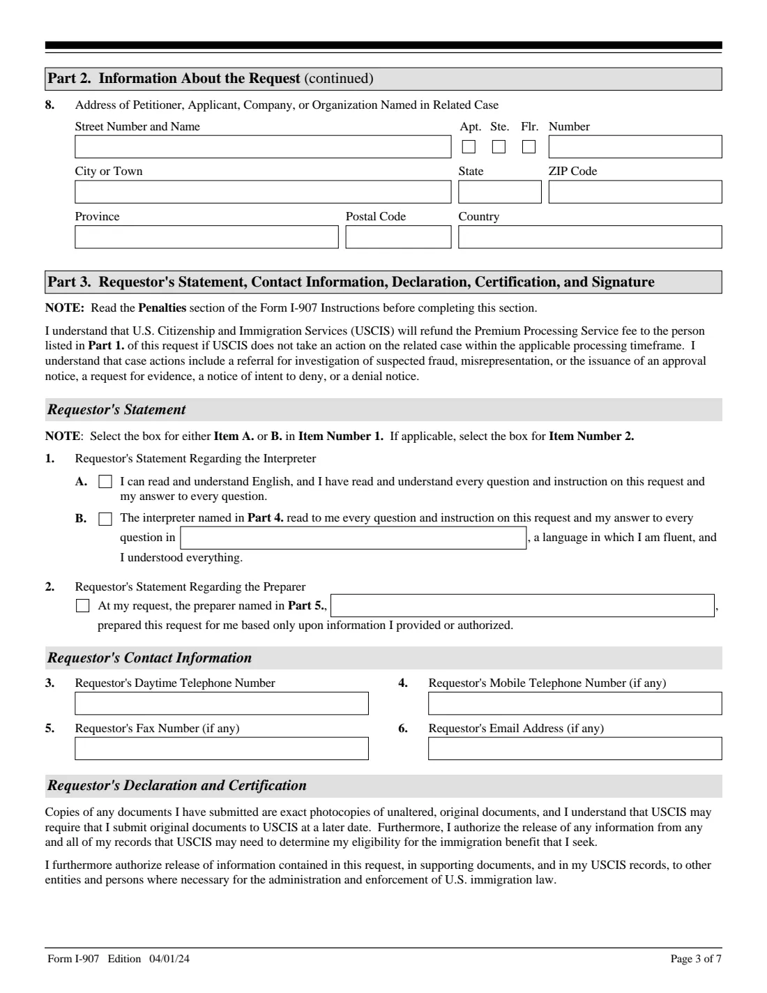 Form I-907 (2024) Request for Premium Processing Service — page 3 of 7