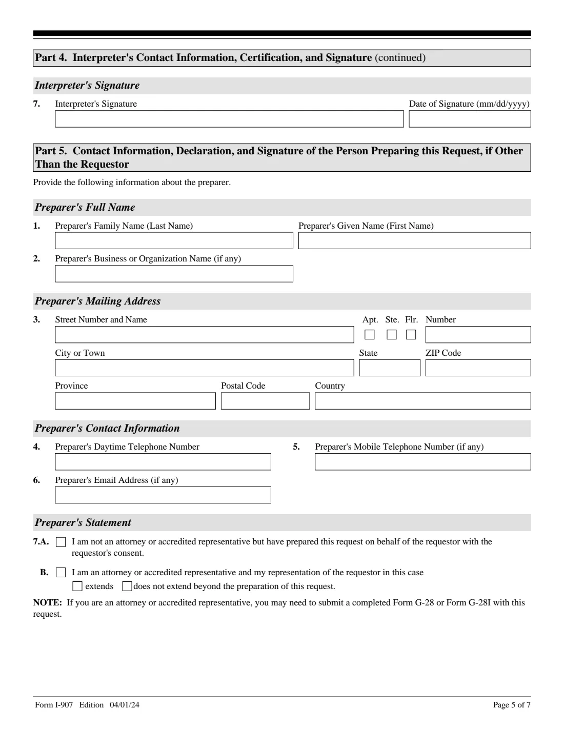 Form I-907 (2024) Request for Premium Processing Service — page 5 of 7