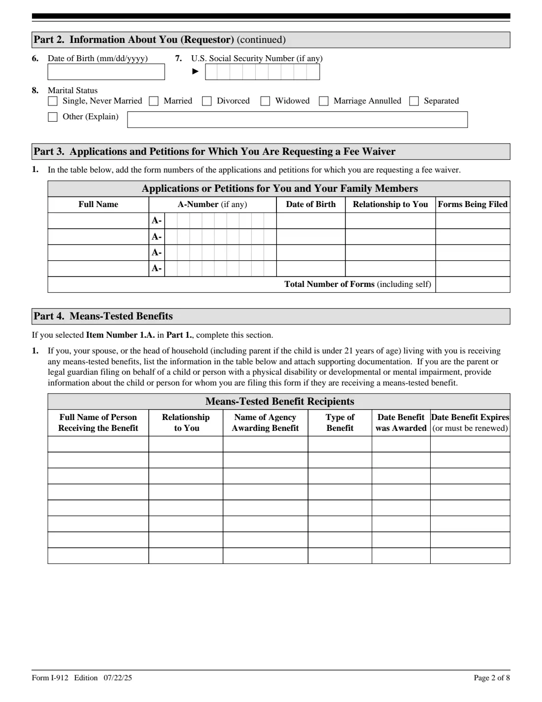 Form I-912 (2025) Request for Fee Waiver — page 2 of 8