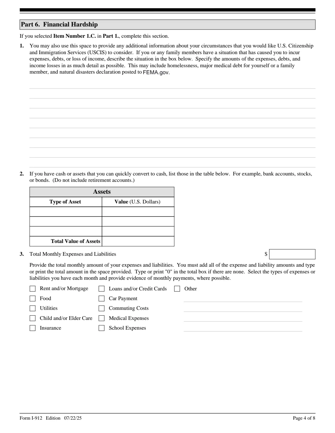 Form I-912 (2025) Request for Fee Waiver — page 4 of 8