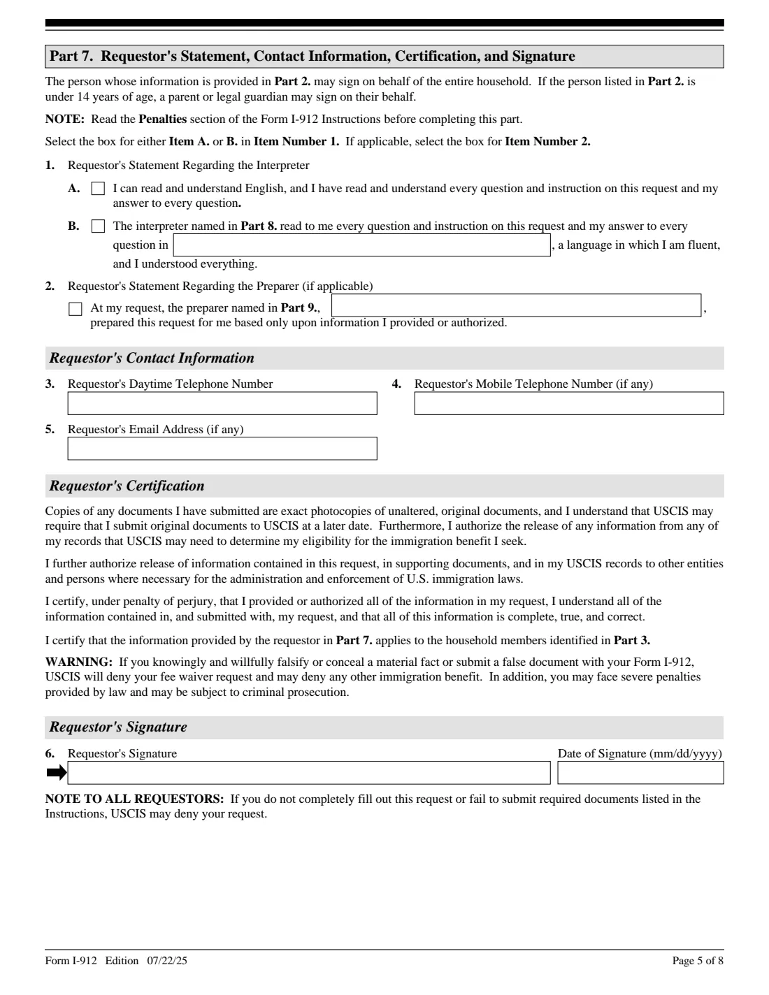 Form I-912 (2025) Request for Fee Waiver — page 5 of 8