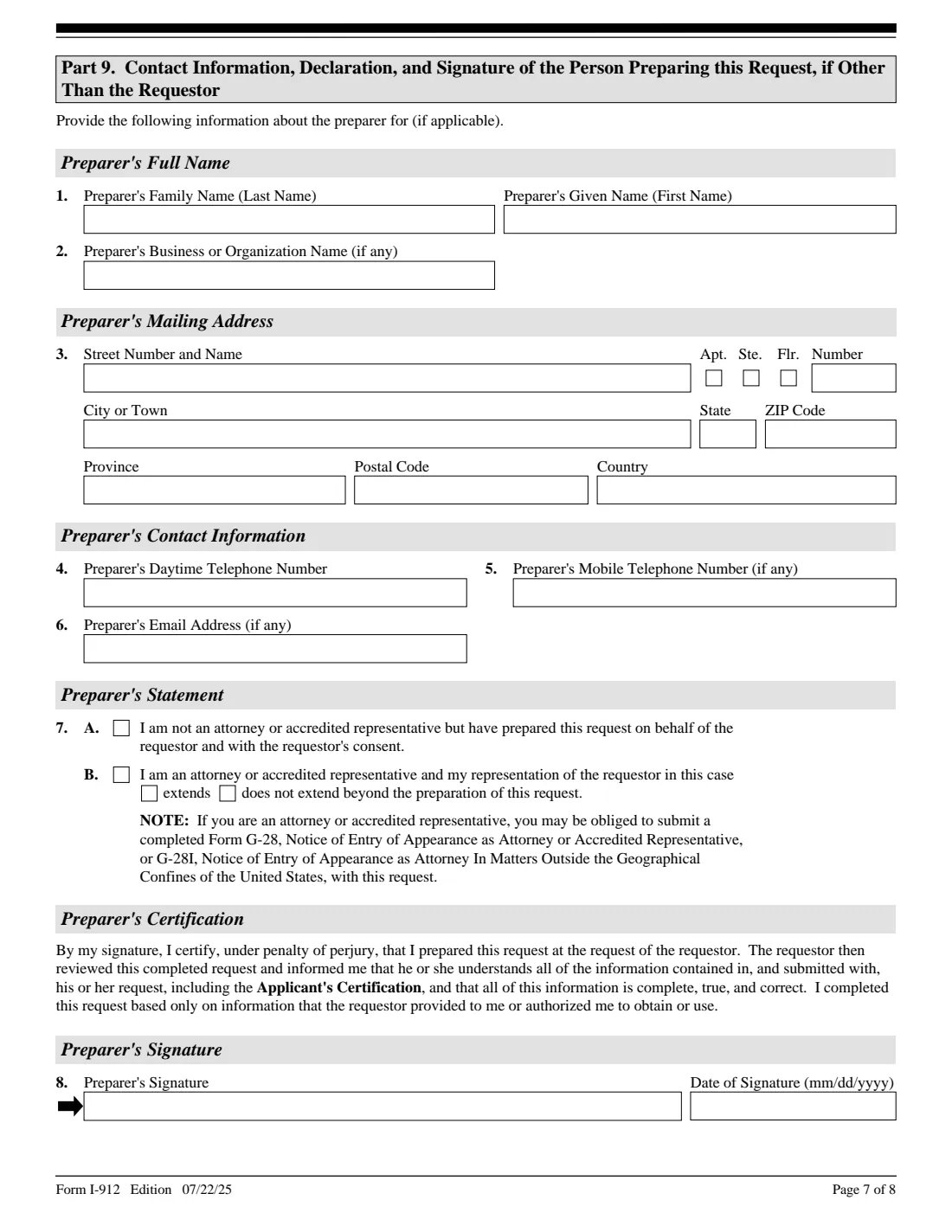 Form I-912 (2025) Request for Fee Waiver — page 7 of 8