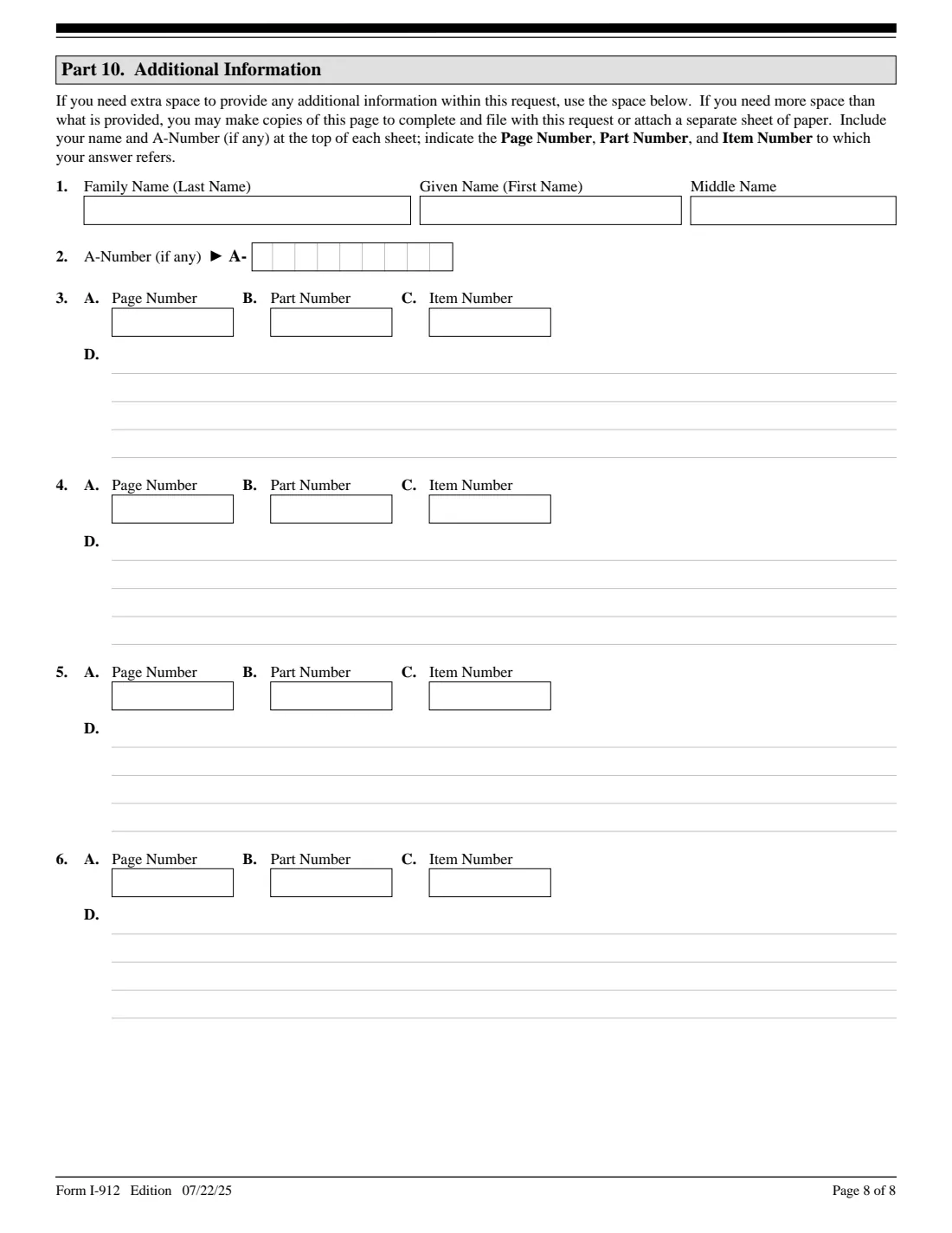 Form I-912 (2025) Request for Fee Waiver — page 8 of 8