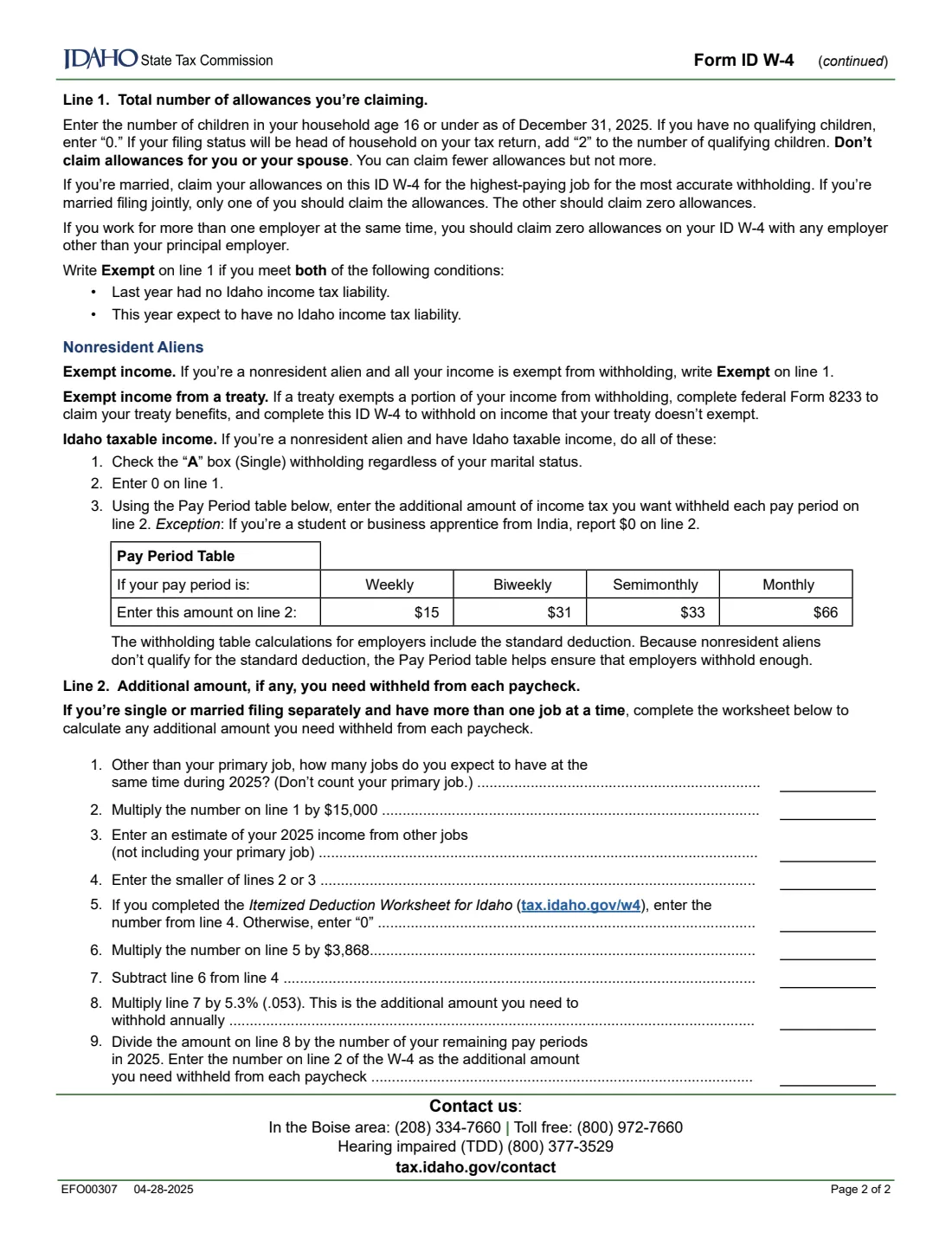 Form ID W-4 (2025) Employee's Withholding Allowance Certificate (Idaho) — page 2 of 2