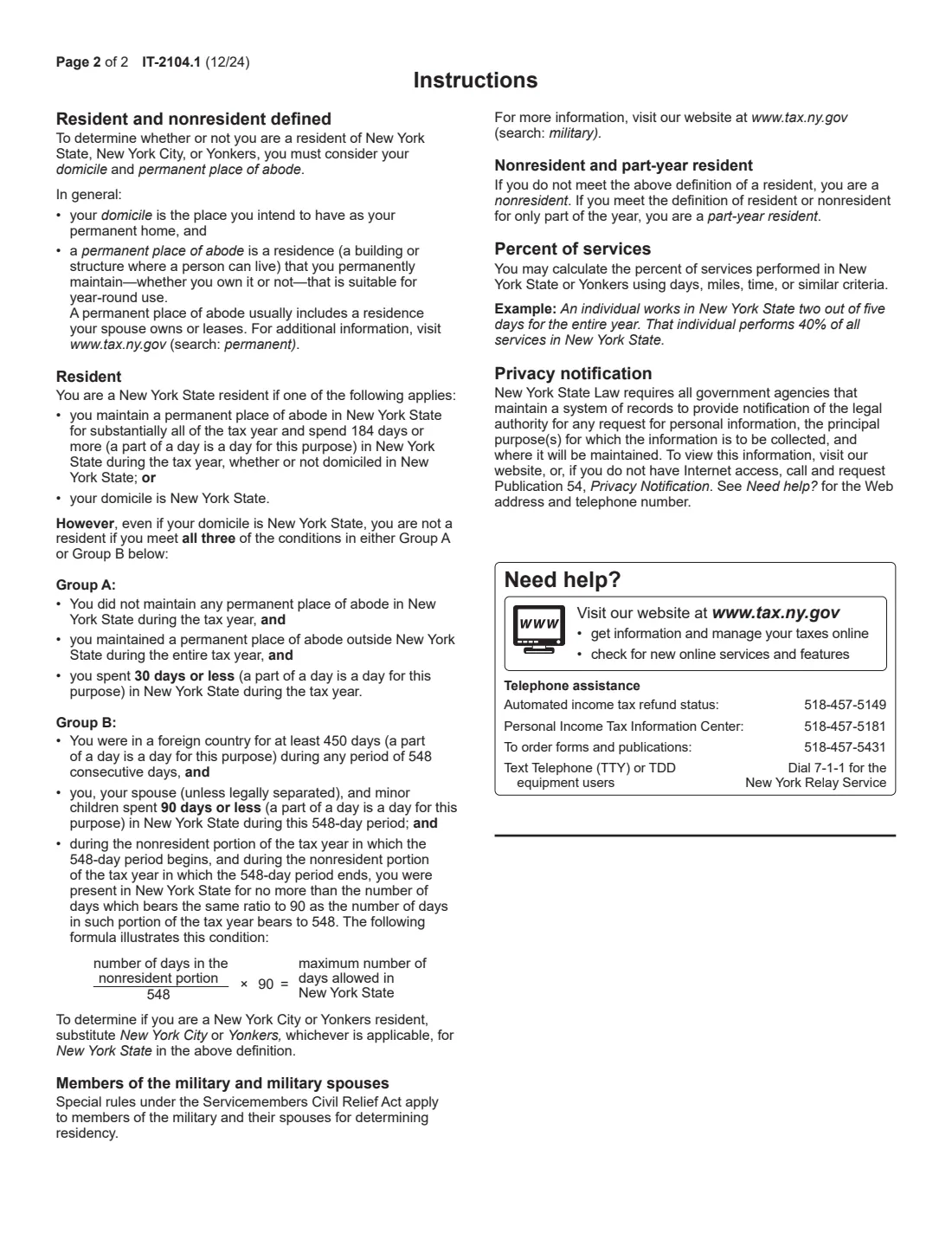 Form IT-2104.1 (2024) New York State, City of New York, and City of Yonkers Certificate of Nonresidence and Allocation of Withholding Tax — page 2 of 2