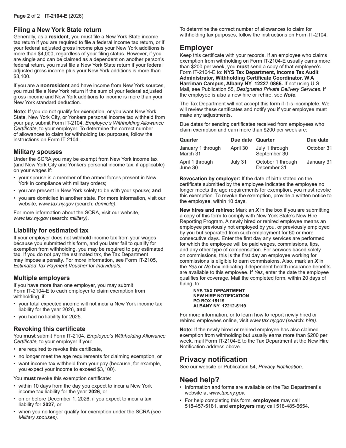 Form IT-2104-E (2026) Certificate of Exemption from Withholding (New York) — page 2 of 2