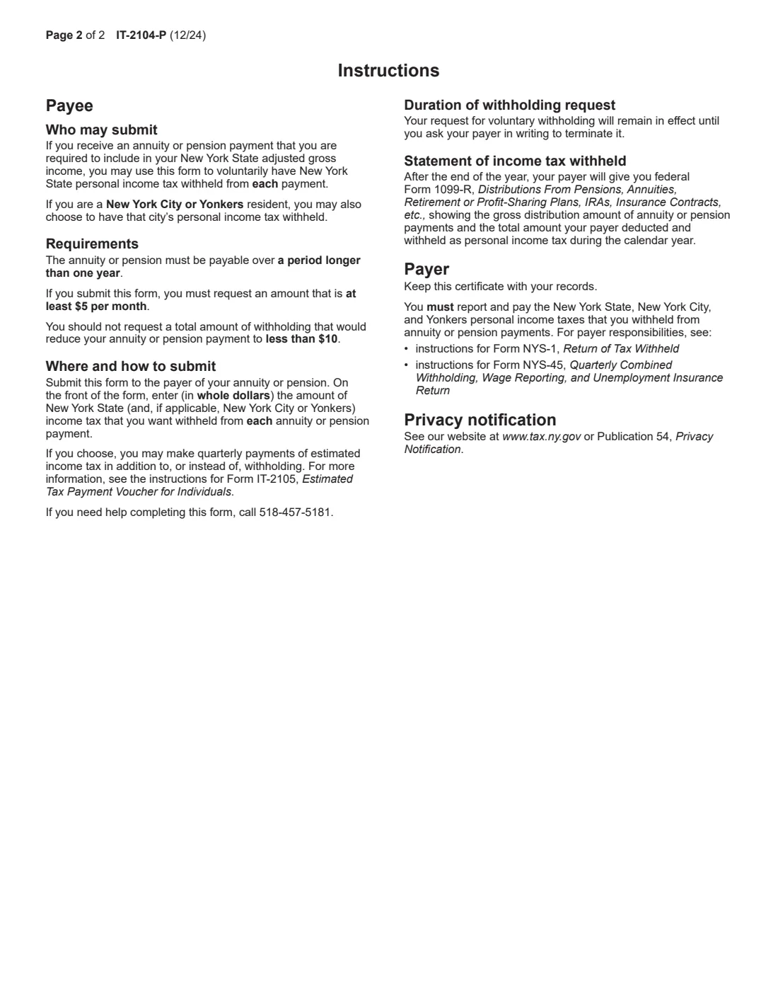 Form IT-2104-P (2024) Annuitant's Request for Income Tax Withholding — page 2 of 2