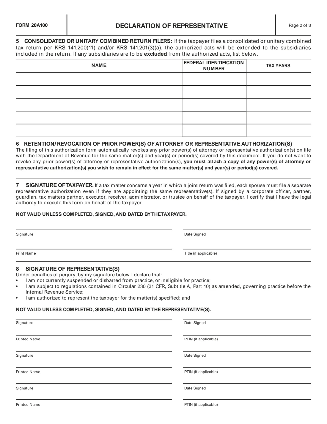 Form 20A100 (2019) Declaration of Representative (Kentucky Form 20A100) — page 2 of 3