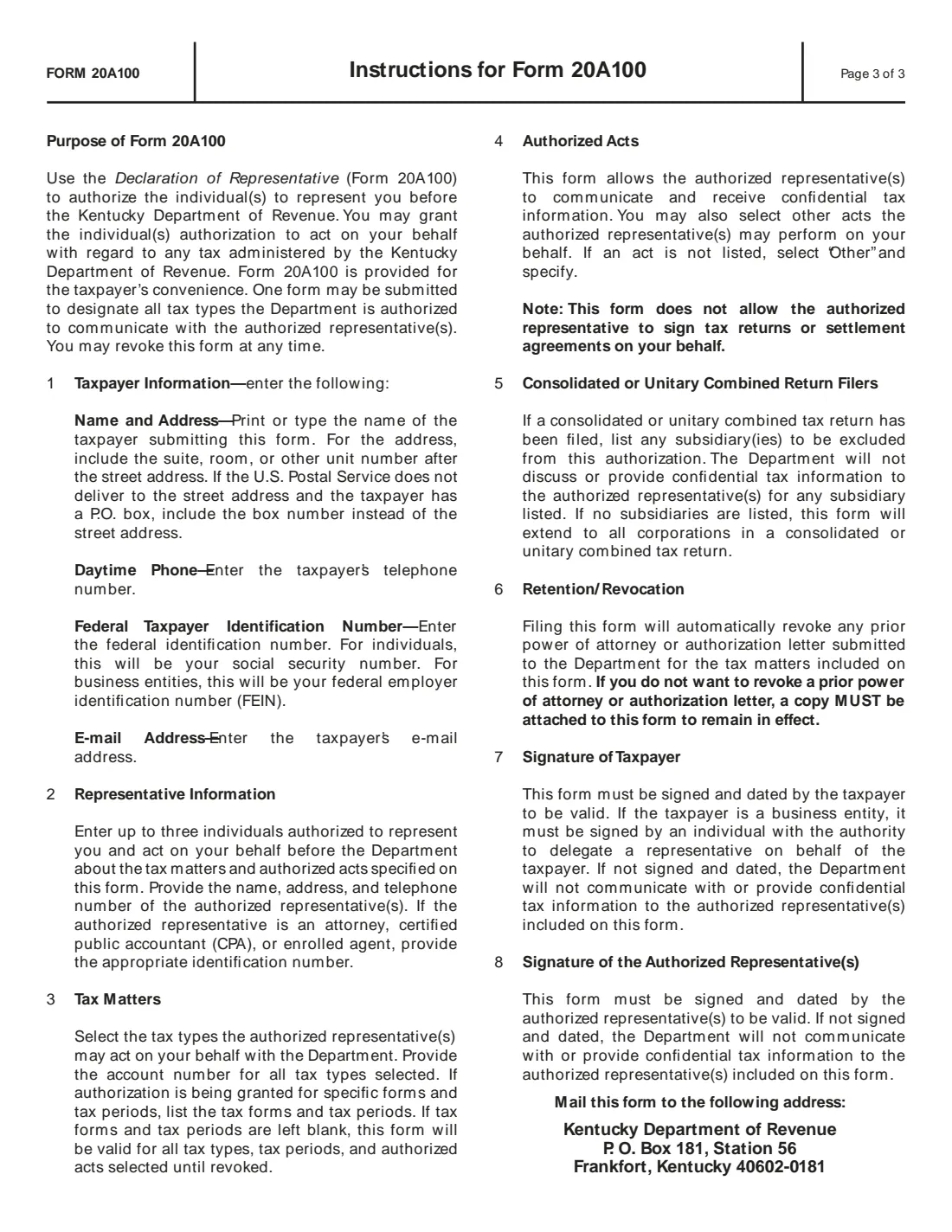 Form 20A100 (2019) Declaration of Representative (Kentucky Form 20A100) — page 3 of 3