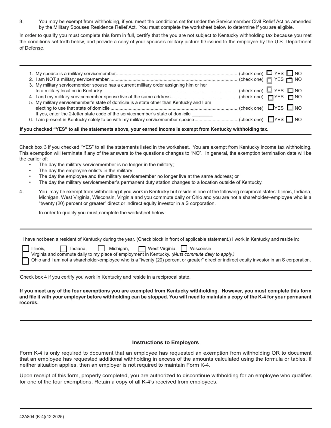 Kentucky Form K-4 (2026) Kentucky's Withholding Certificate (K-4) — page 2 of 2