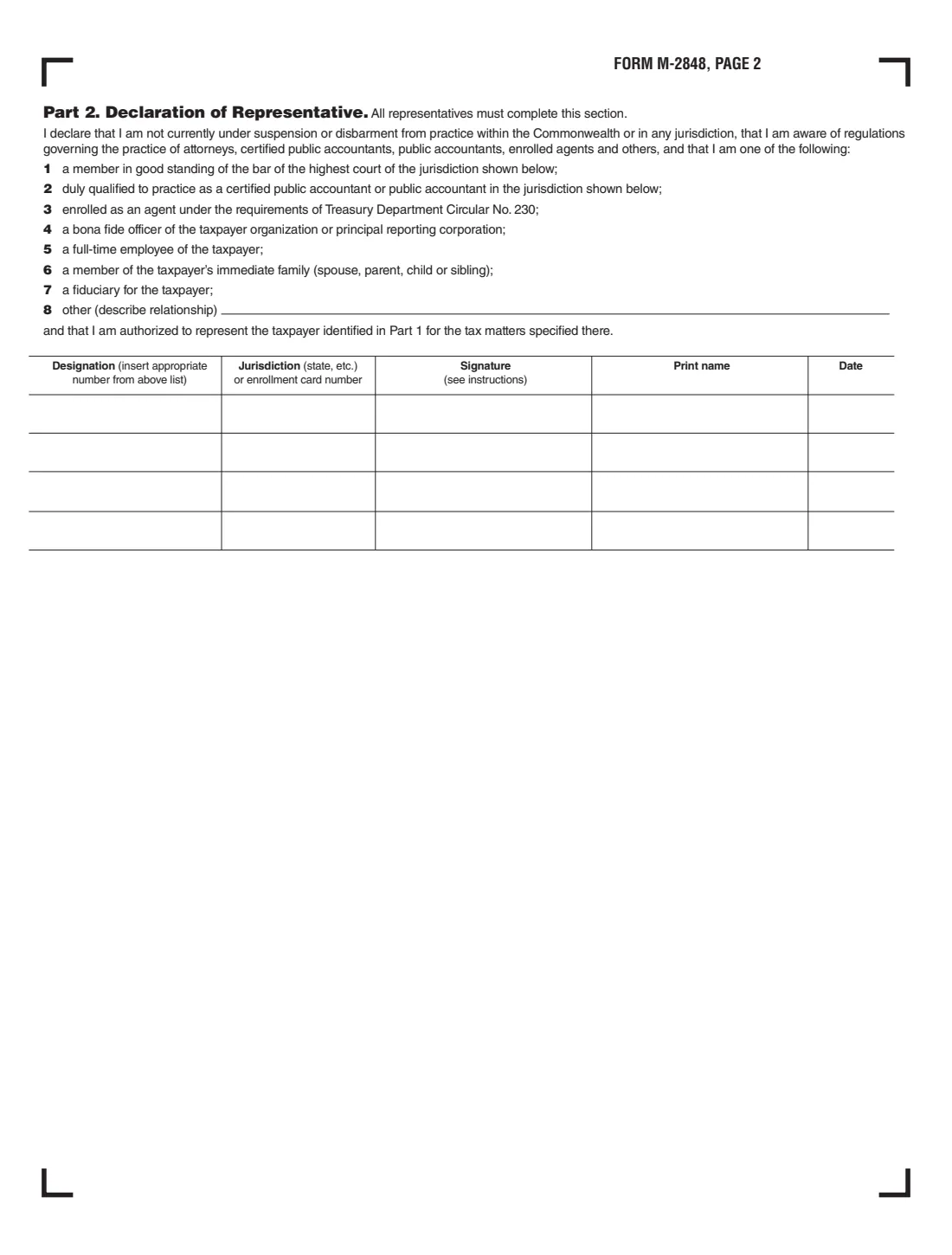 Massachusetts Form M-2848 (2026) Power of Attorney and Declaration of Representative (Massachusetts) — page 2 of 3