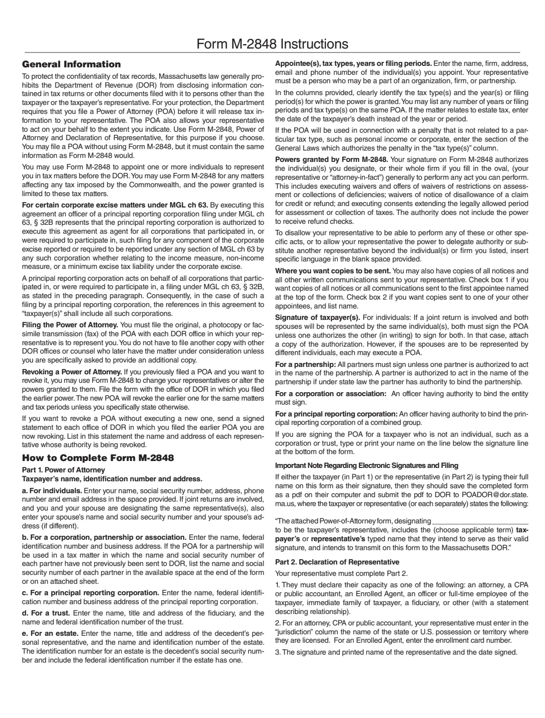 Massachusetts Form M-2848 (2026) Power of Attorney and Declaration of Representative (Massachusetts) — page 3 of 3