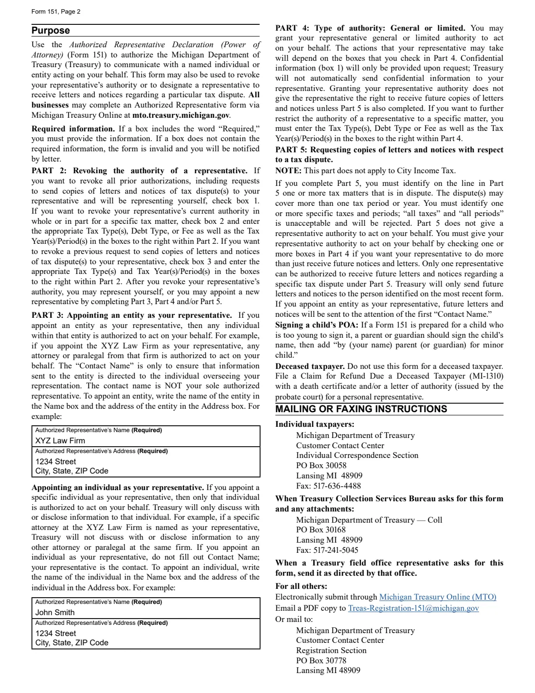Michigan Form 151 (2021) Authorized Representative Declaration (Power of Attorney) (Michigan) — page 2 of 2
