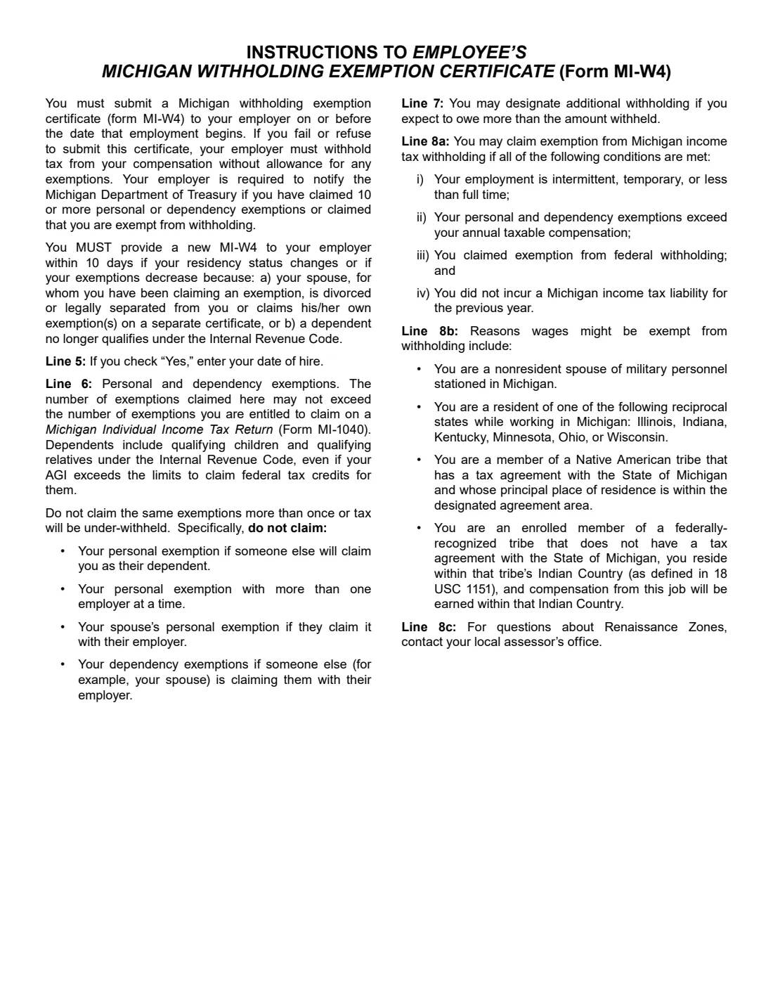 Form MI-W4 (2020) Employee's Michigan Withholding Exemption Certificate — page 2 of 2