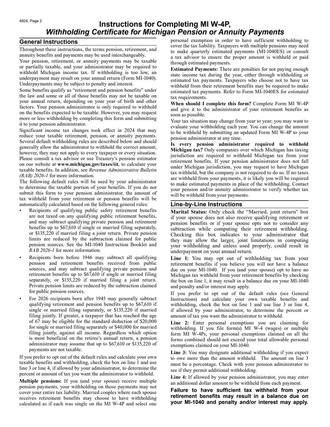 Form MI W-4P (4924) (2025) Withholding Certificate for Michigan Pension or Annuity Payments — page 2 of 2