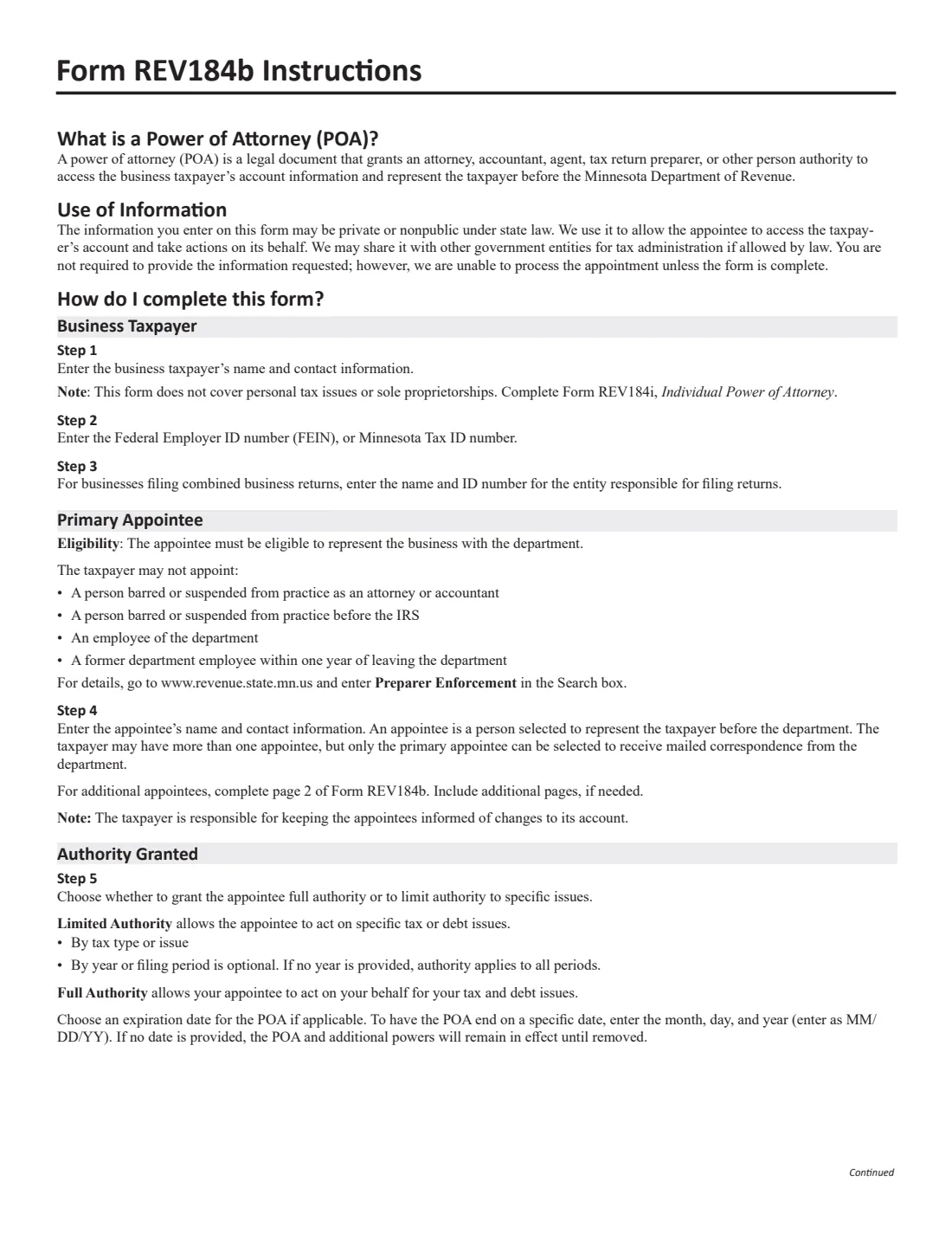 Form REV184b (2019) Business Power of Attorney (Minnesota REV184b) — page 3 of 4