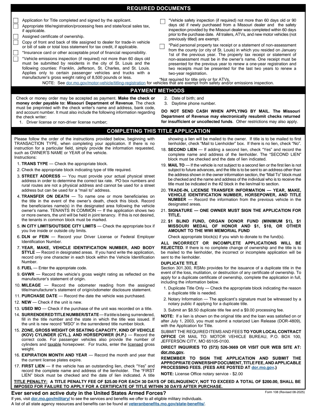 Form 108 (2026) Application for Missouri Title and License — page 2 of 2