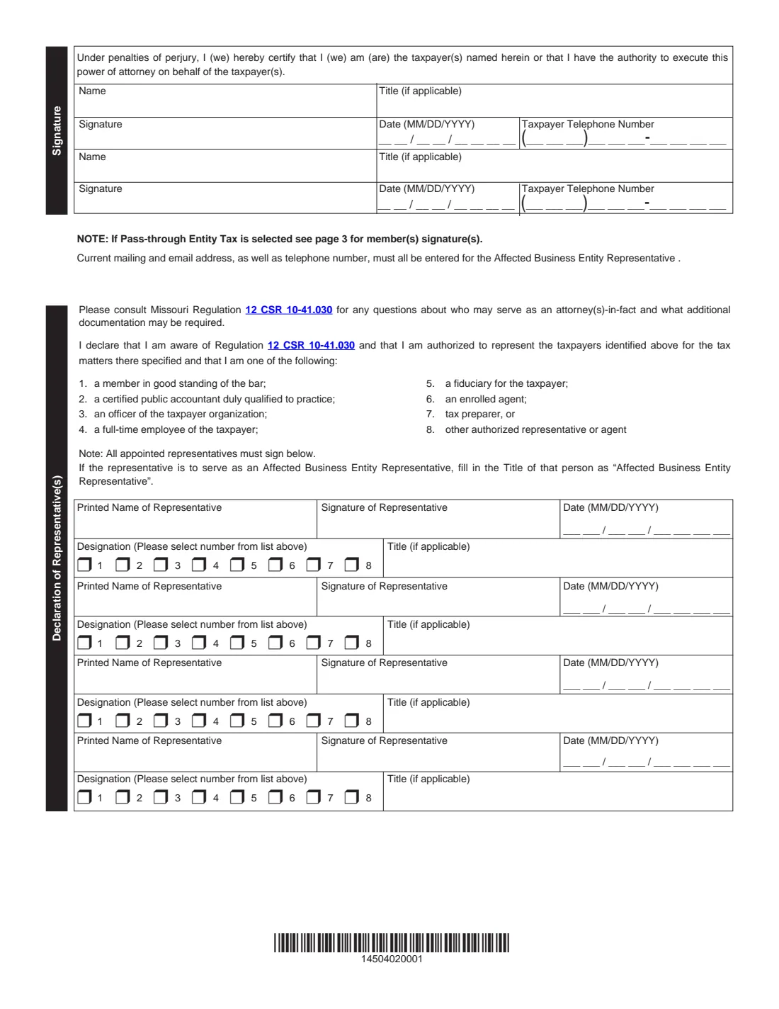 Form 2827 (2025) Power of Attorney (Missouri Department of Revenue) — page 2 of 3