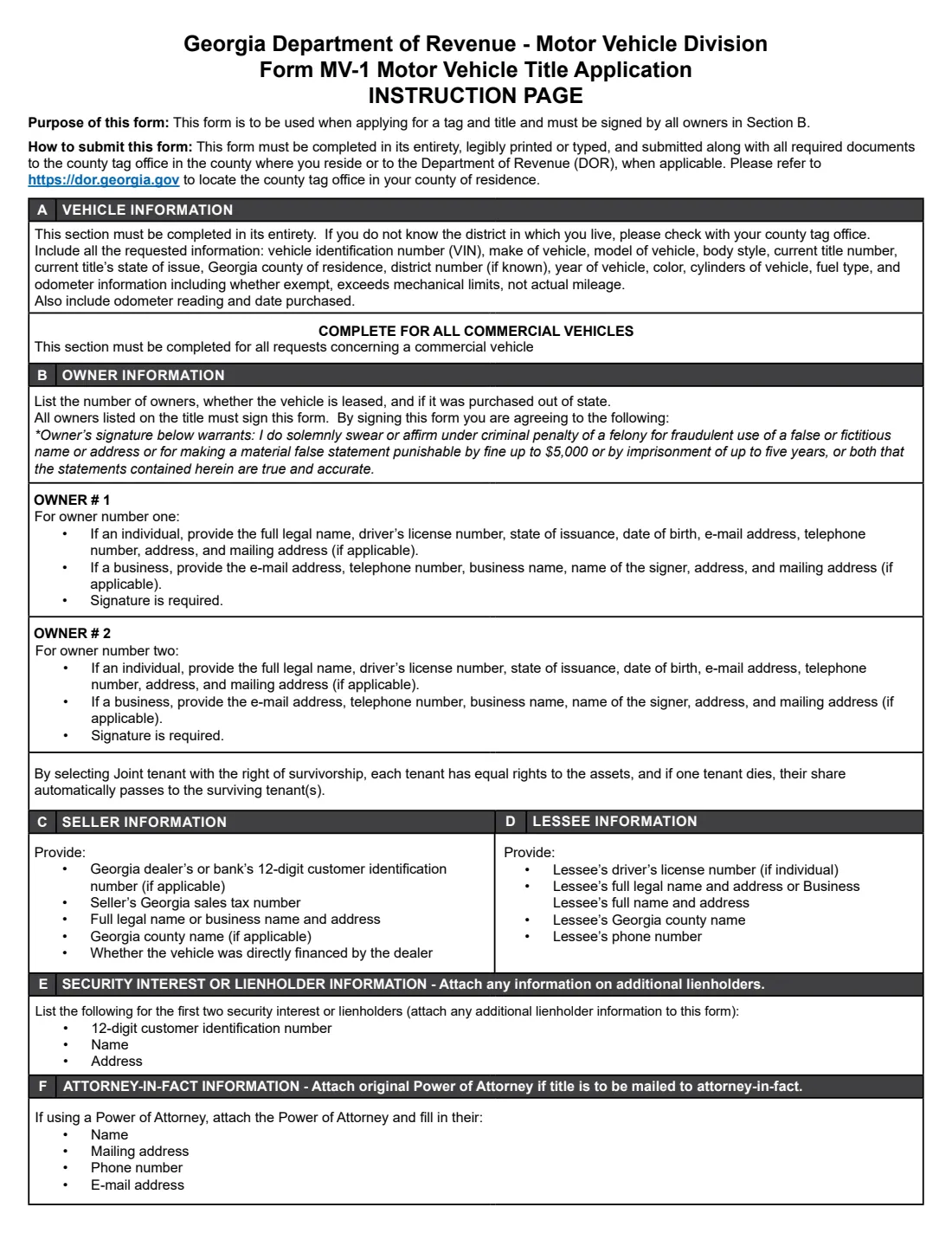 Form MV-1 (2024) Motor Vehicle Title/Tag Application (Georgia) — page 2 of 2