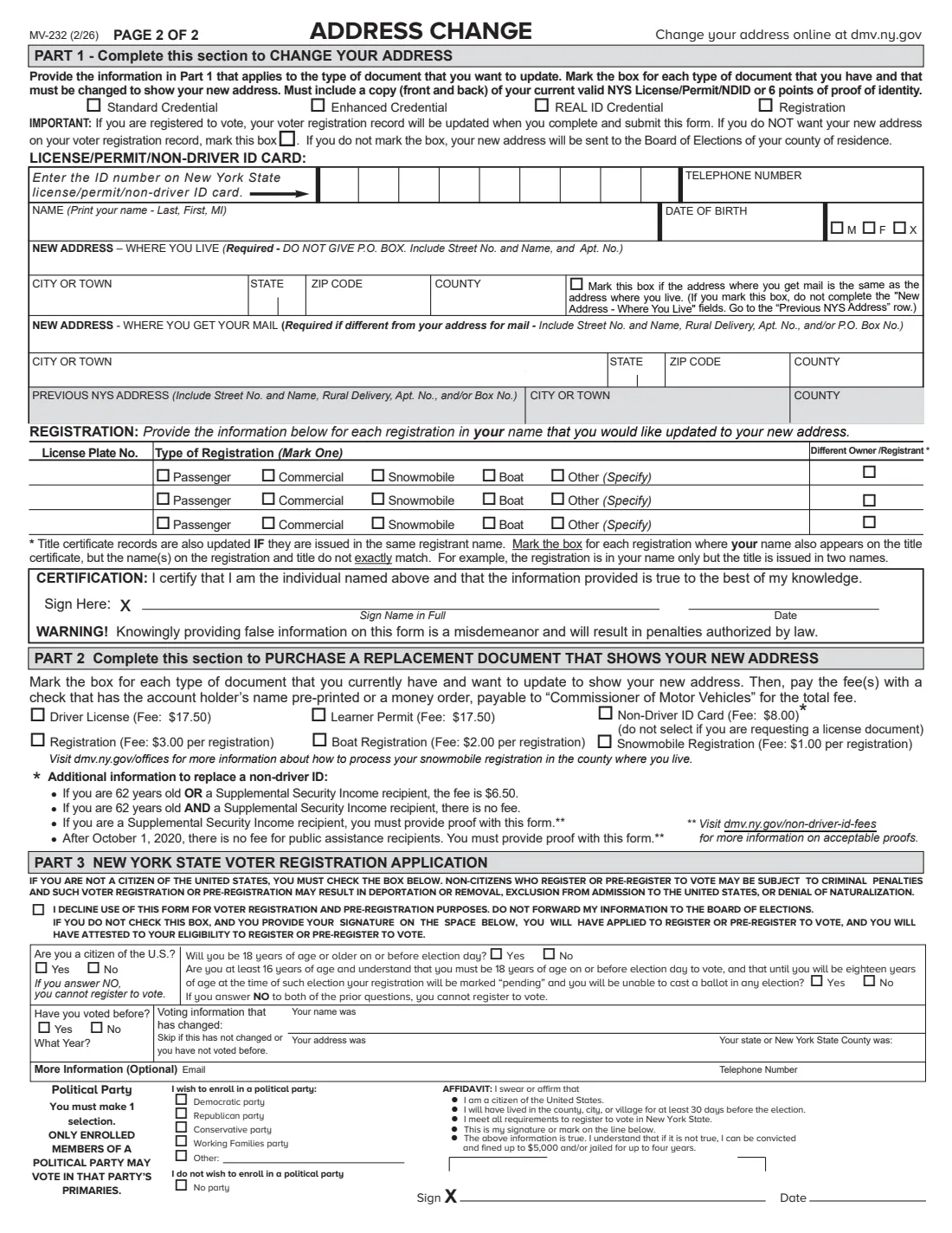 Form MV-232 (2026) Address Change — page 2 of 2