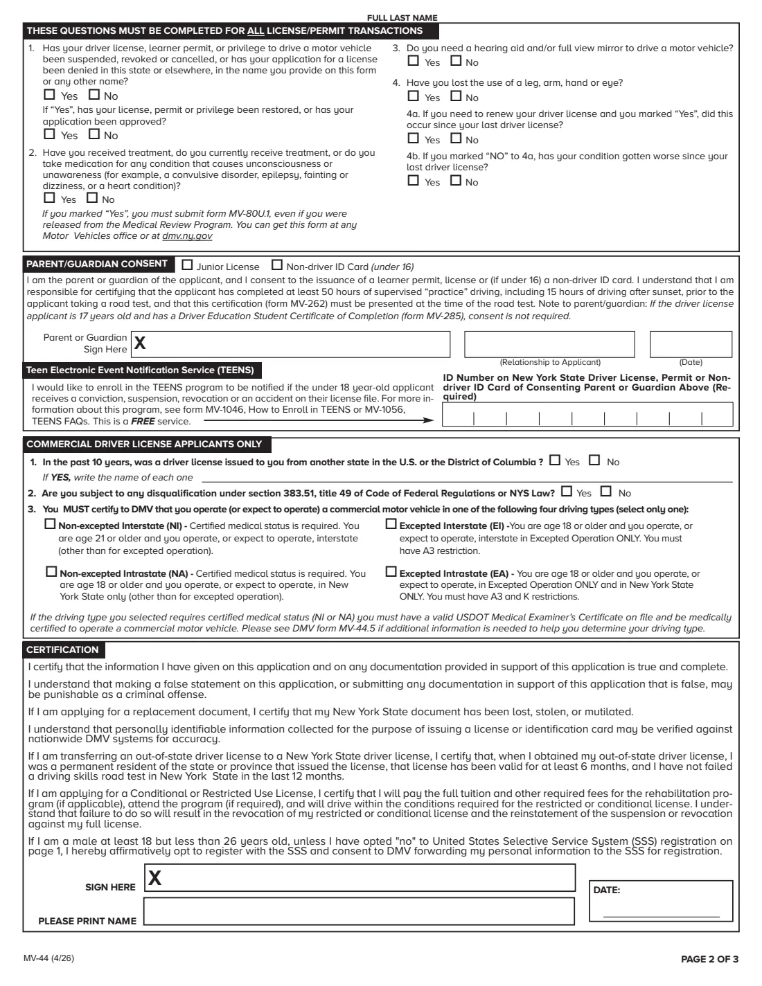 Form MV-44 (2026) Application for Permit, Driver License or Non-Driver ID Card (New York) — page 2 of 3
