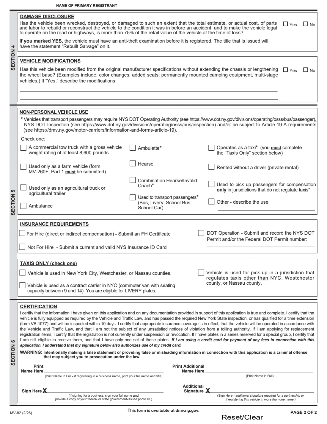 Form MV-82 (2026) Vehicle Registration/Title Application (New York) — page 2 of 2