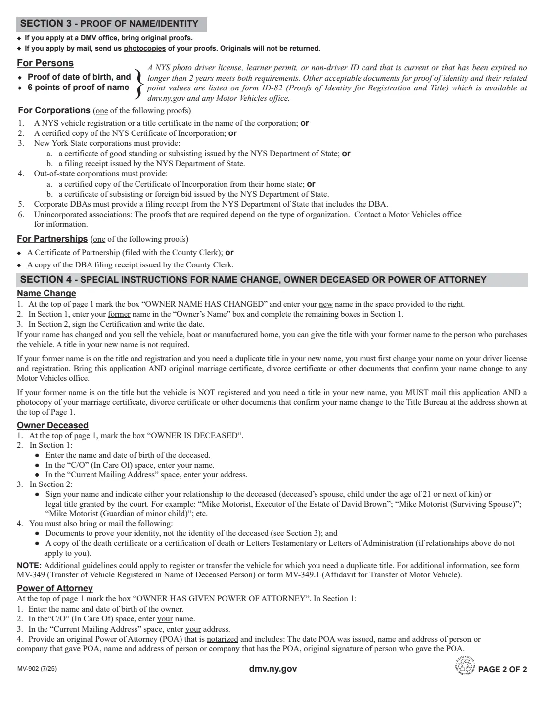 Form MV-902 (2025) Application for Duplicate Title (New York) — page 2 of 2